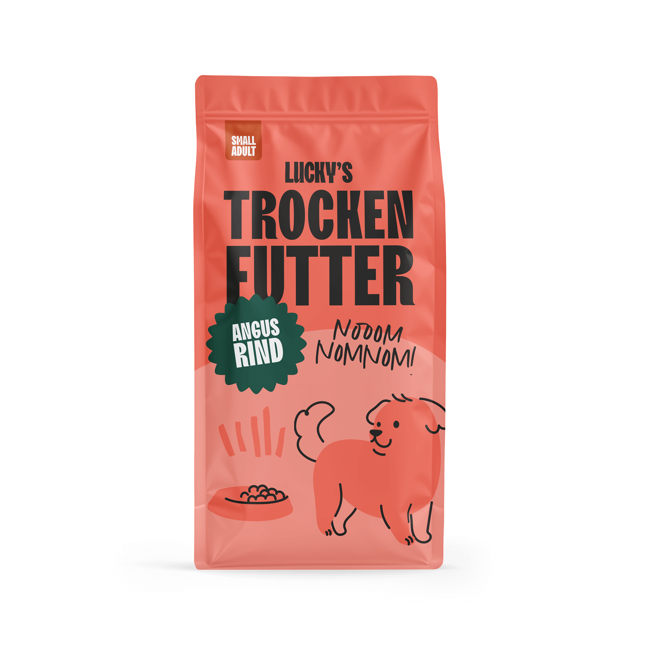 Angus-Rind mit Karotte grünen Bohnen, Blumenkohl, Tomate, Zucchini kleine Rasse Hundefutter in einer roten Verpackung.