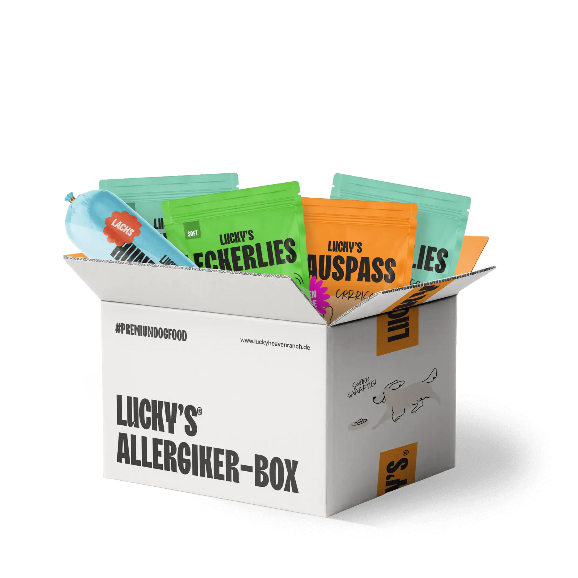 Allergiker-Box für Hunde von Lucky's mit hypoallergenen Snacks für sensible Hunde in einem dekorativen Karton.