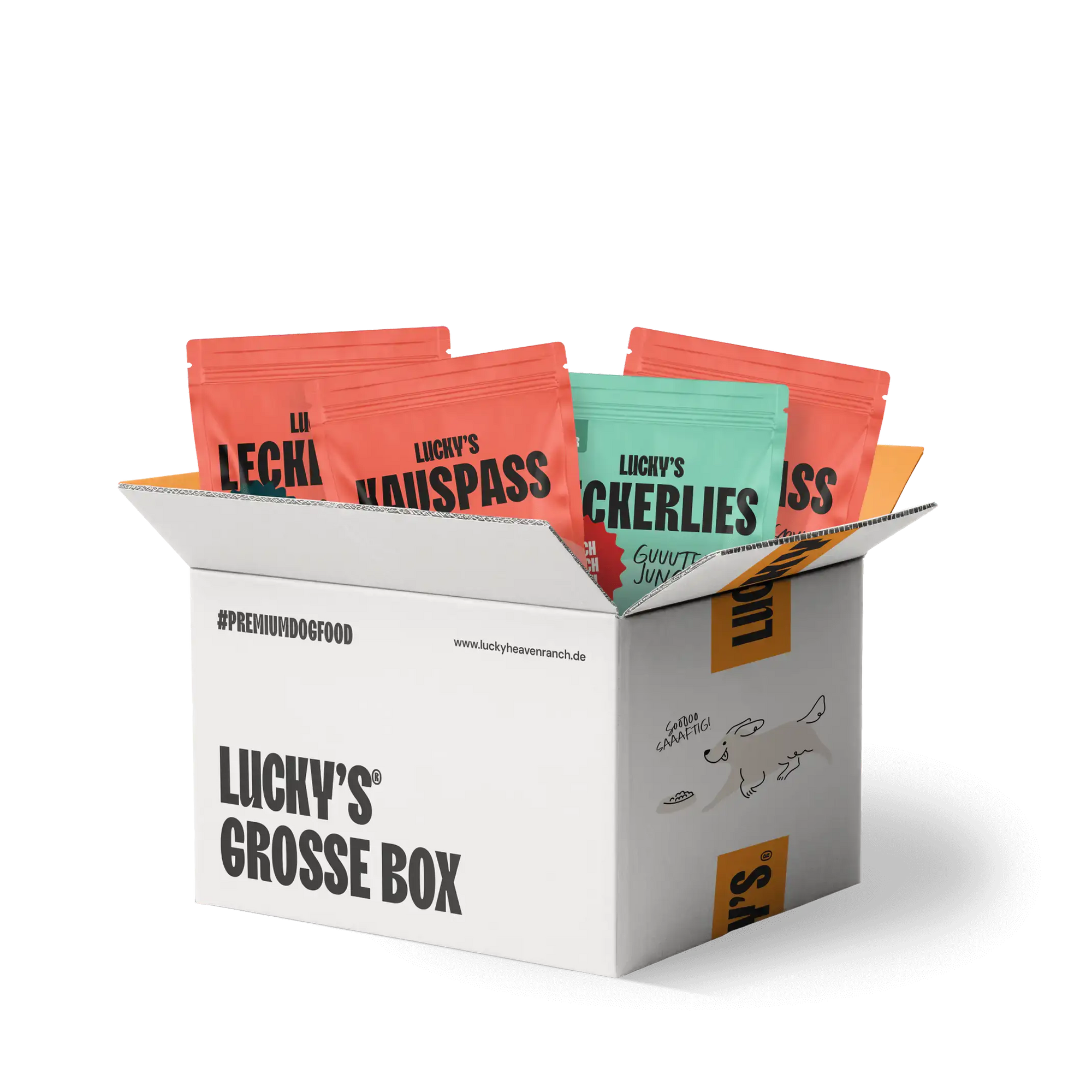 Große-Hunde-Box mit verschiedenen Kauartikeln von Licky’s in einer robusten und auffälligen Verpackung.