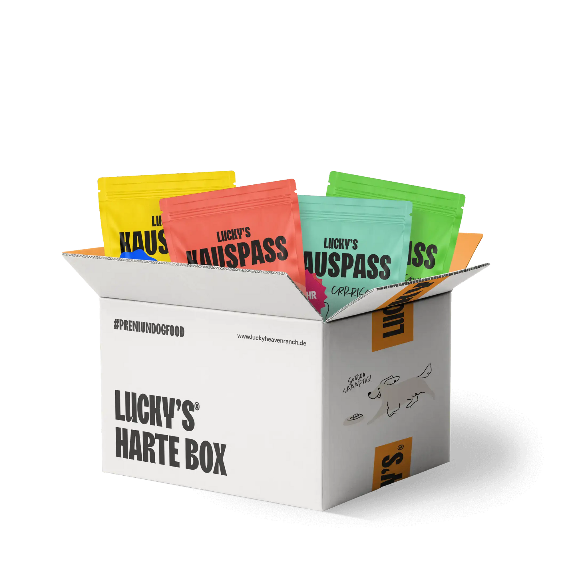 Harte Box von Lucky's gefüllt mit verschiedenen Kauartikeln in bunten Tüten, ideal für starke Kauer.