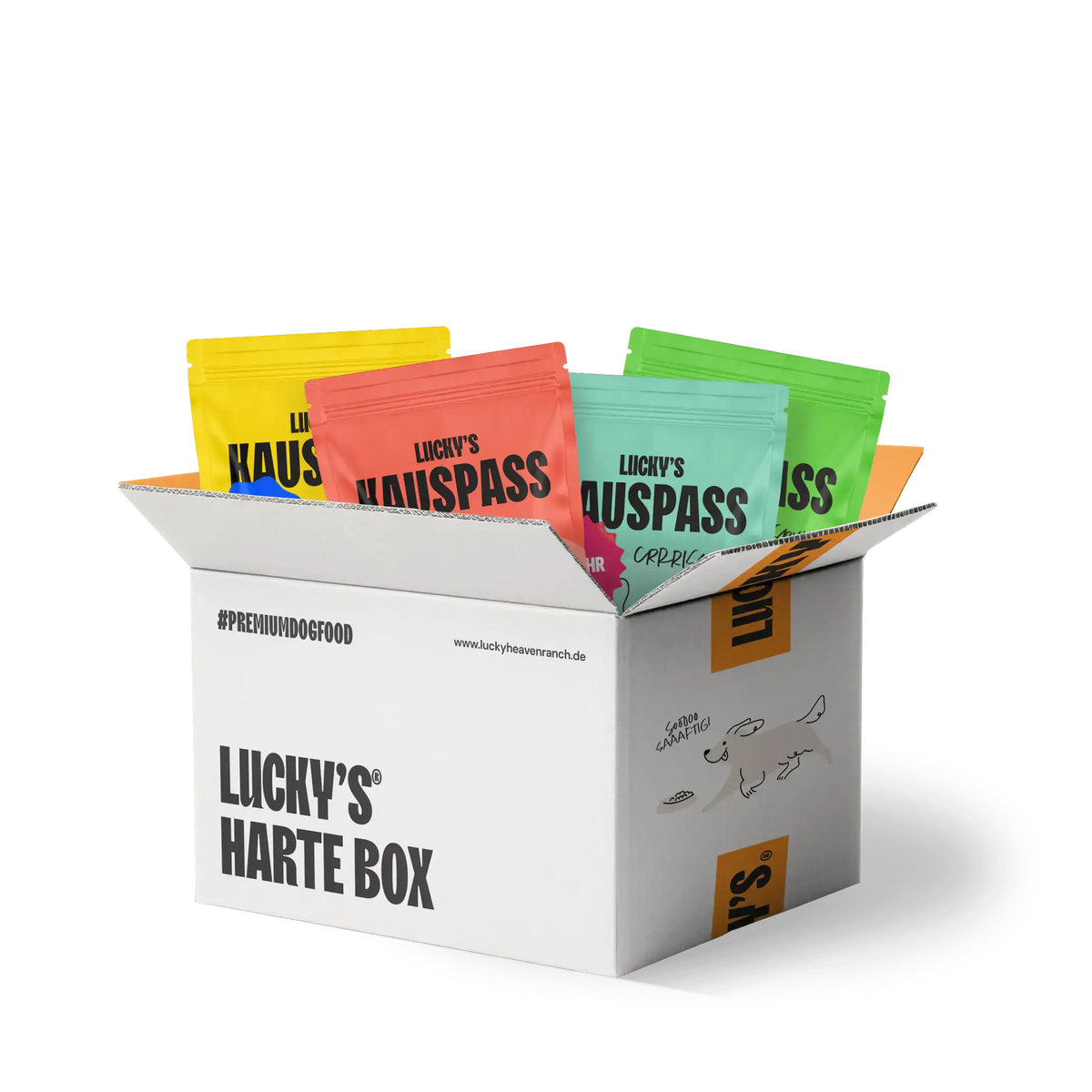 Harte Box von Lucky's gefüllt mit verschiedenen Kauartikeln in bunten Tüten, ideal für starke Kauer.