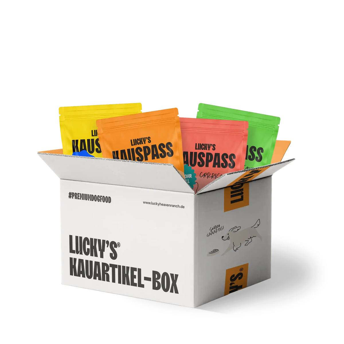 LICKY'S KAUARTIKEL-BOX für Hunde mit bunten Kausnack-Päckchen für Hunde, 100 % natürliche Kauvielfalt.