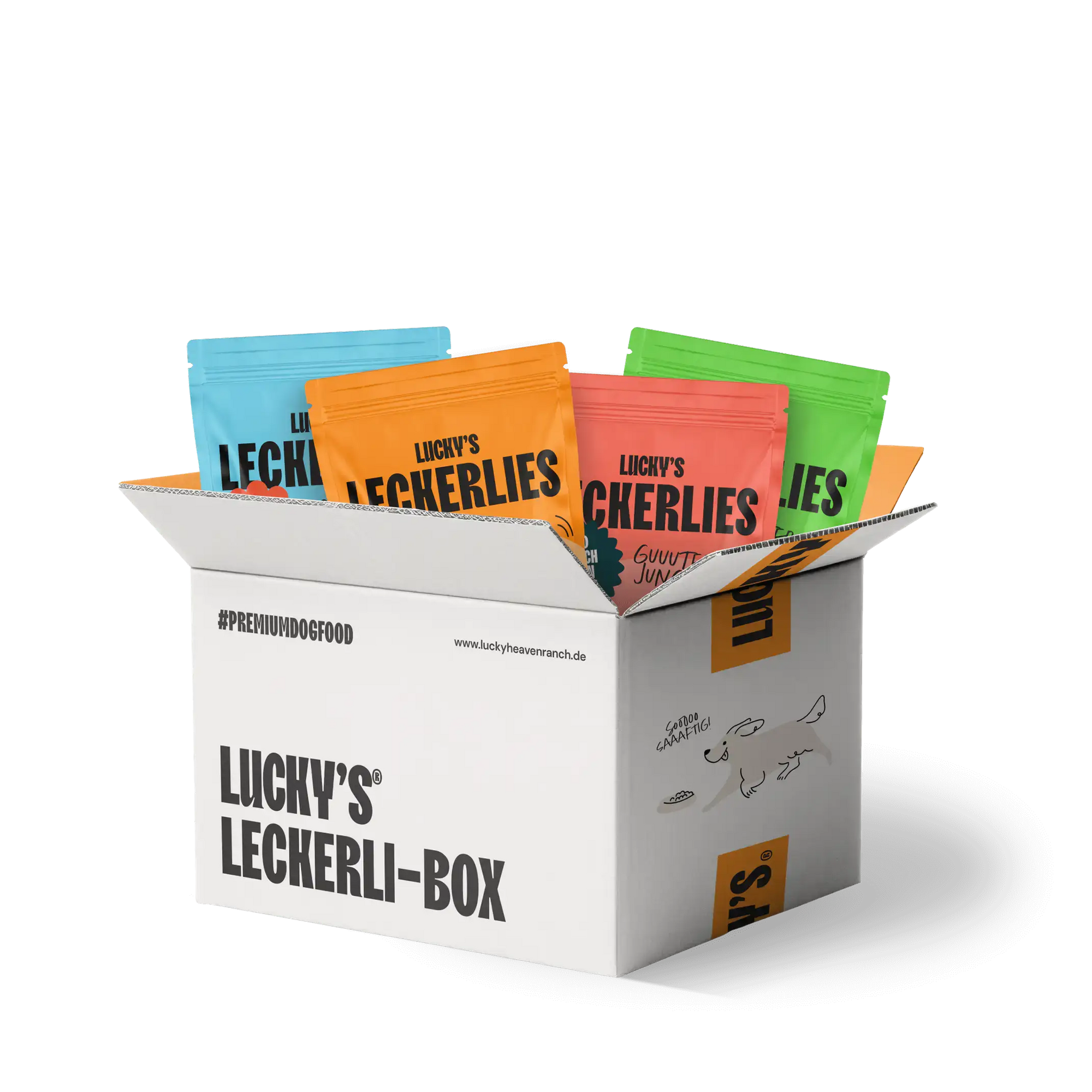 Leckerli-Box mit 7 Sorten feiner Snacks für Hunde in bunten Tüten, ideal für Training und Belohnungen.