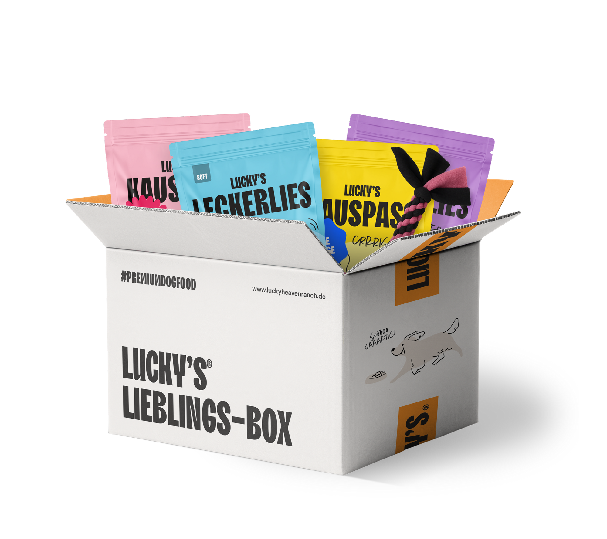 Licky's Lieblings-Box mit bunten Snacks in einem offenen Karton, ideal für tierische Leckereien.