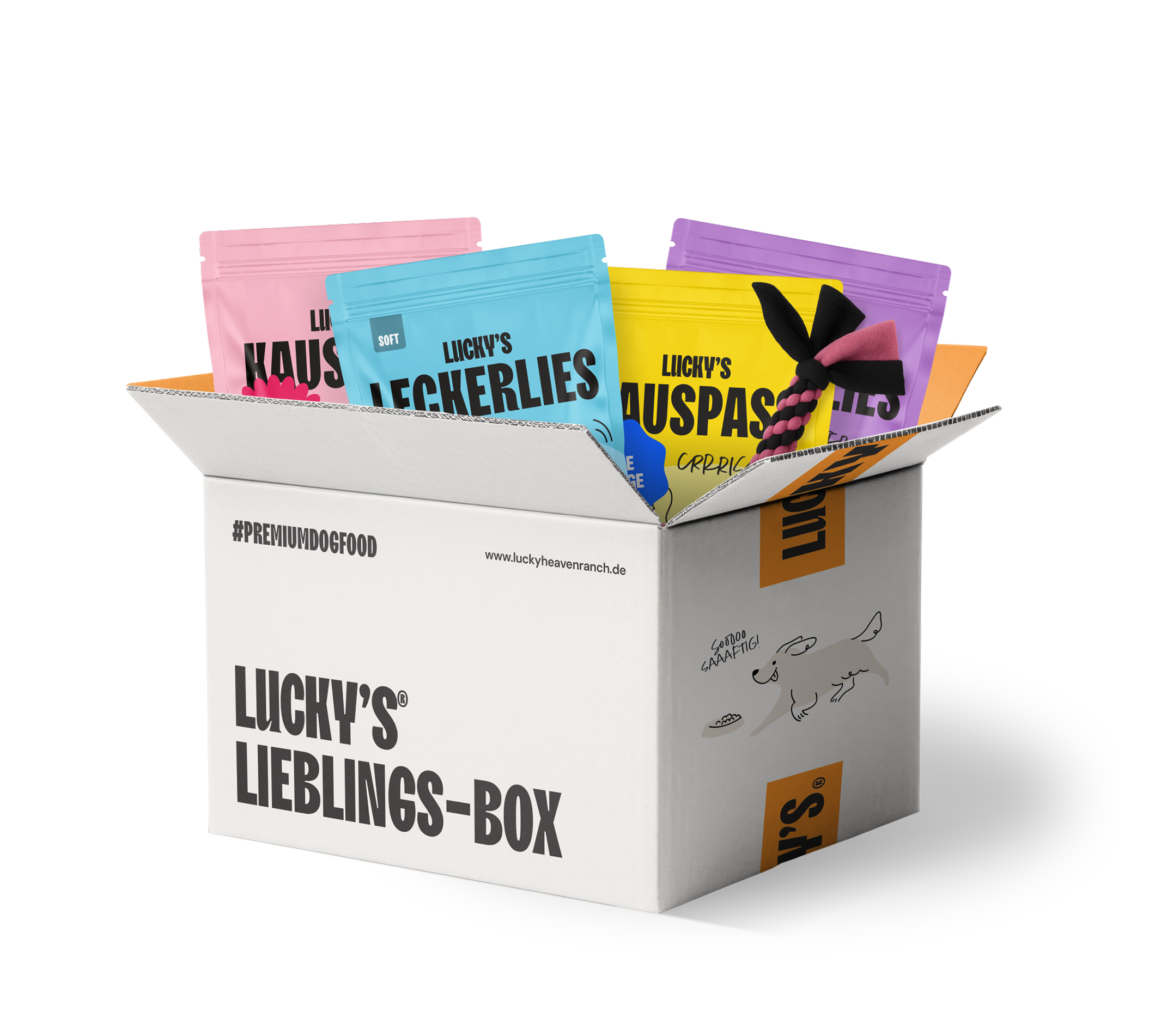 Licky's Lieblings-Box mit bunten Snacks in einem offenen Karton, ideal für tierische Leckereien.