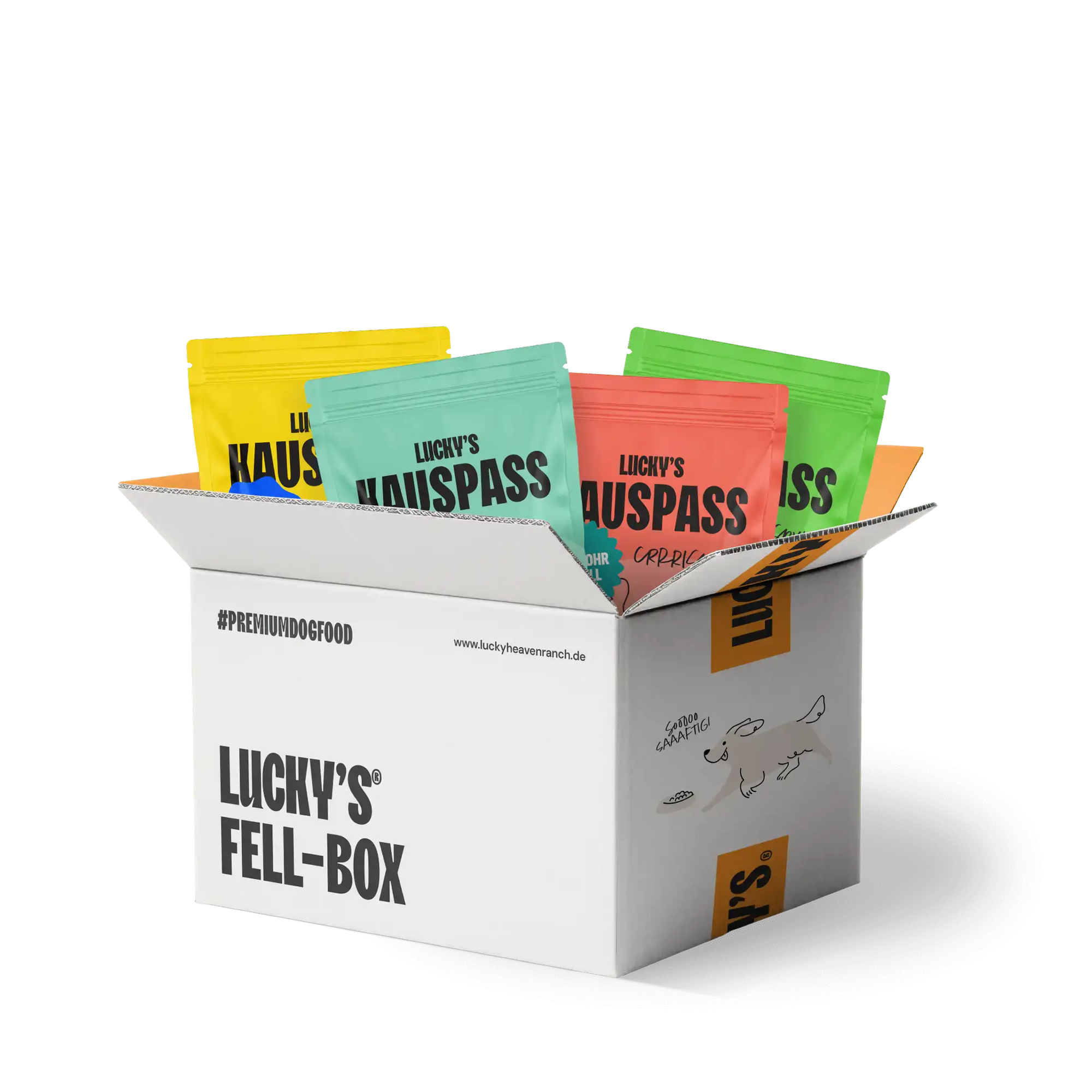 Lucky's Fell-Box with colorful snack packages for natural dog treats and healthy chewing enjoyment.
