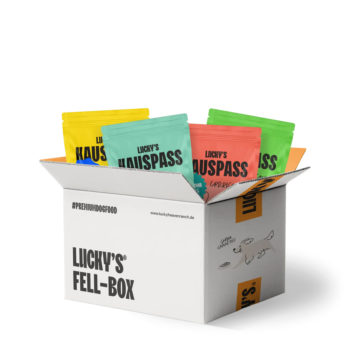 Lucky's Fell-Box with colorful snack packages for natural dog treats and healthy chewing enjoyment.