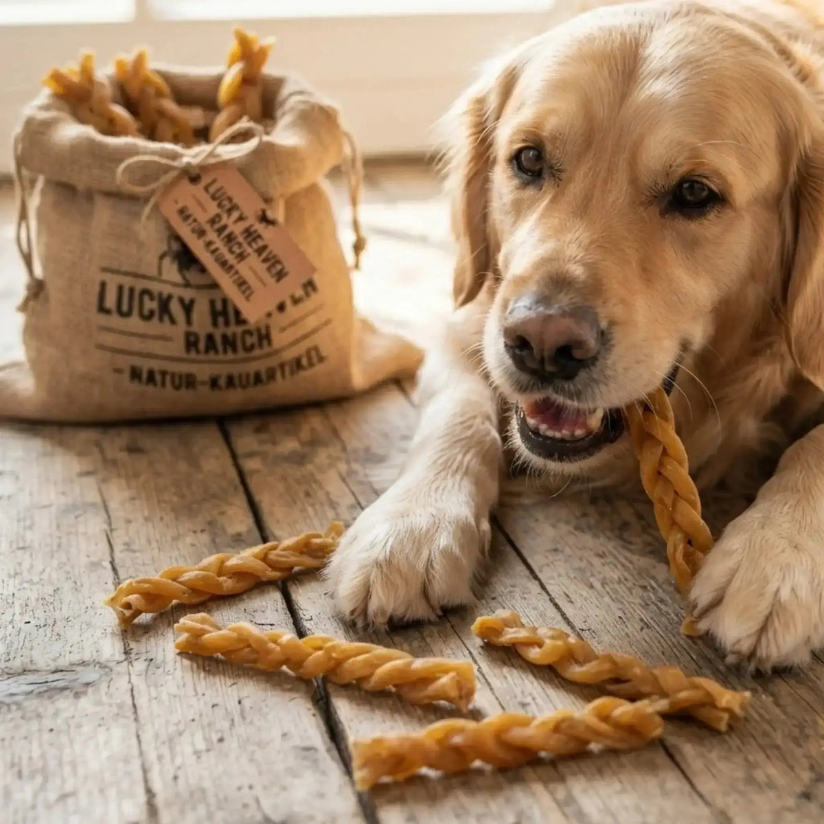 Ein zufriedener Golden Retriever beim Genießen einer Kauschlange neben einer Jutesack-Verpackung.