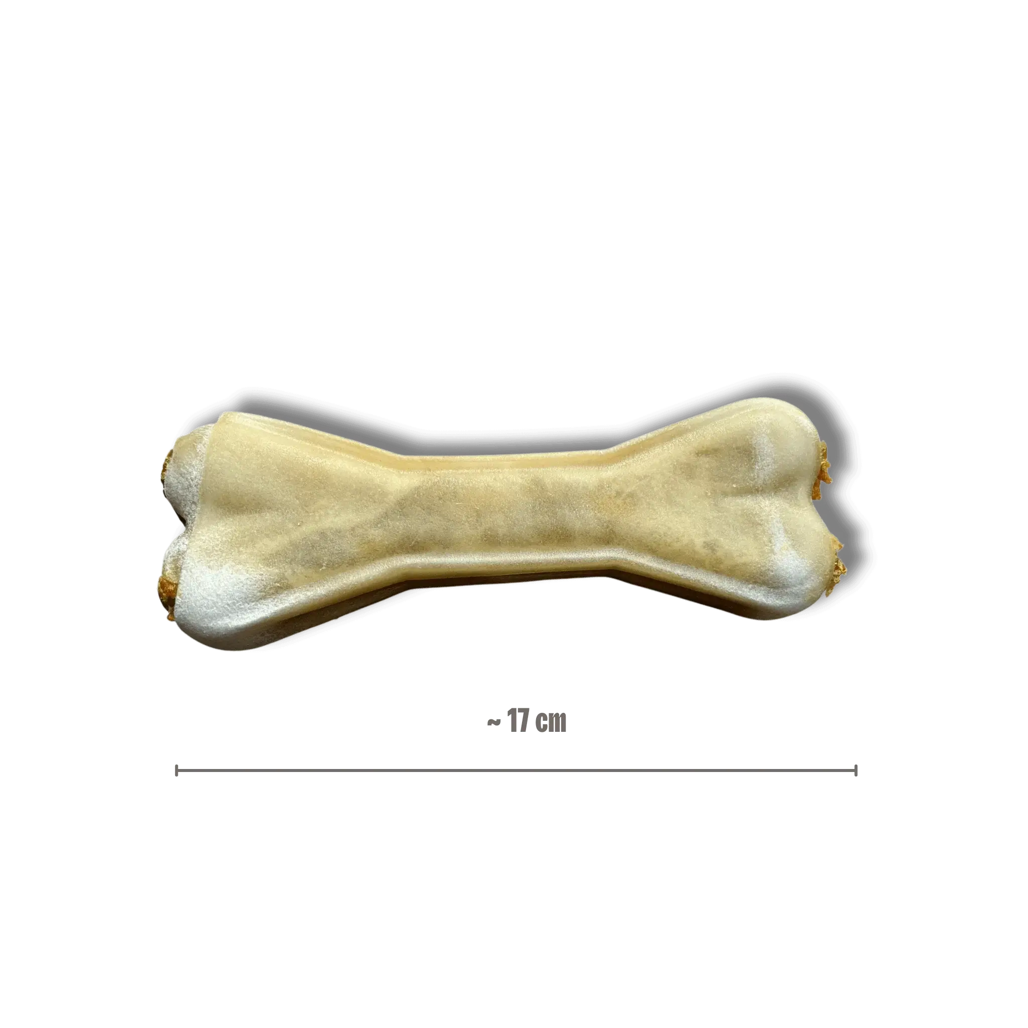 Längenvergleich eines Büffelhautknochens mit Lachsfüllung in Größe M von ca. 17 cm
