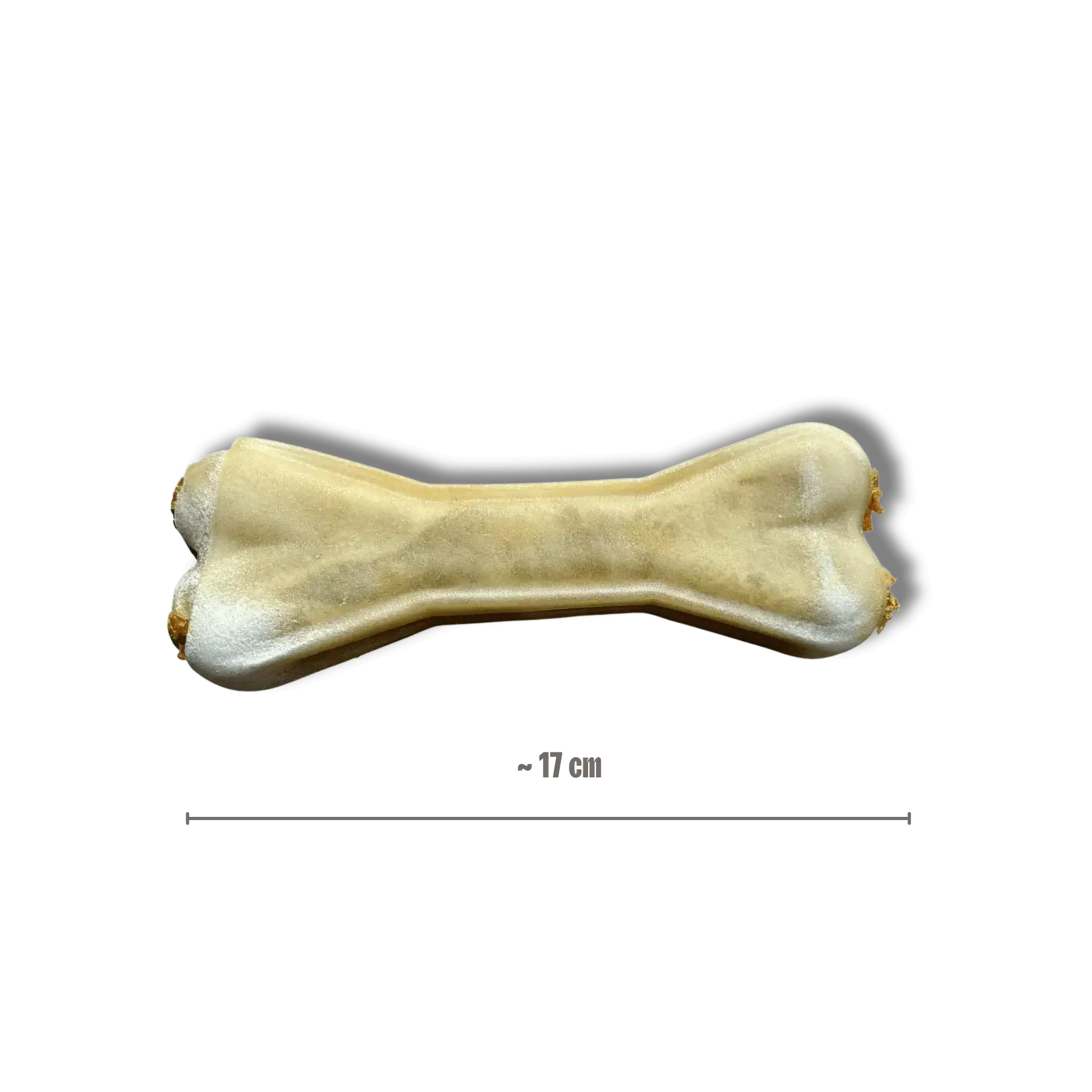 Längenvergleich eines Büffelhautknochens mit Lachsfüllung in Größe M von ca. 17 cm