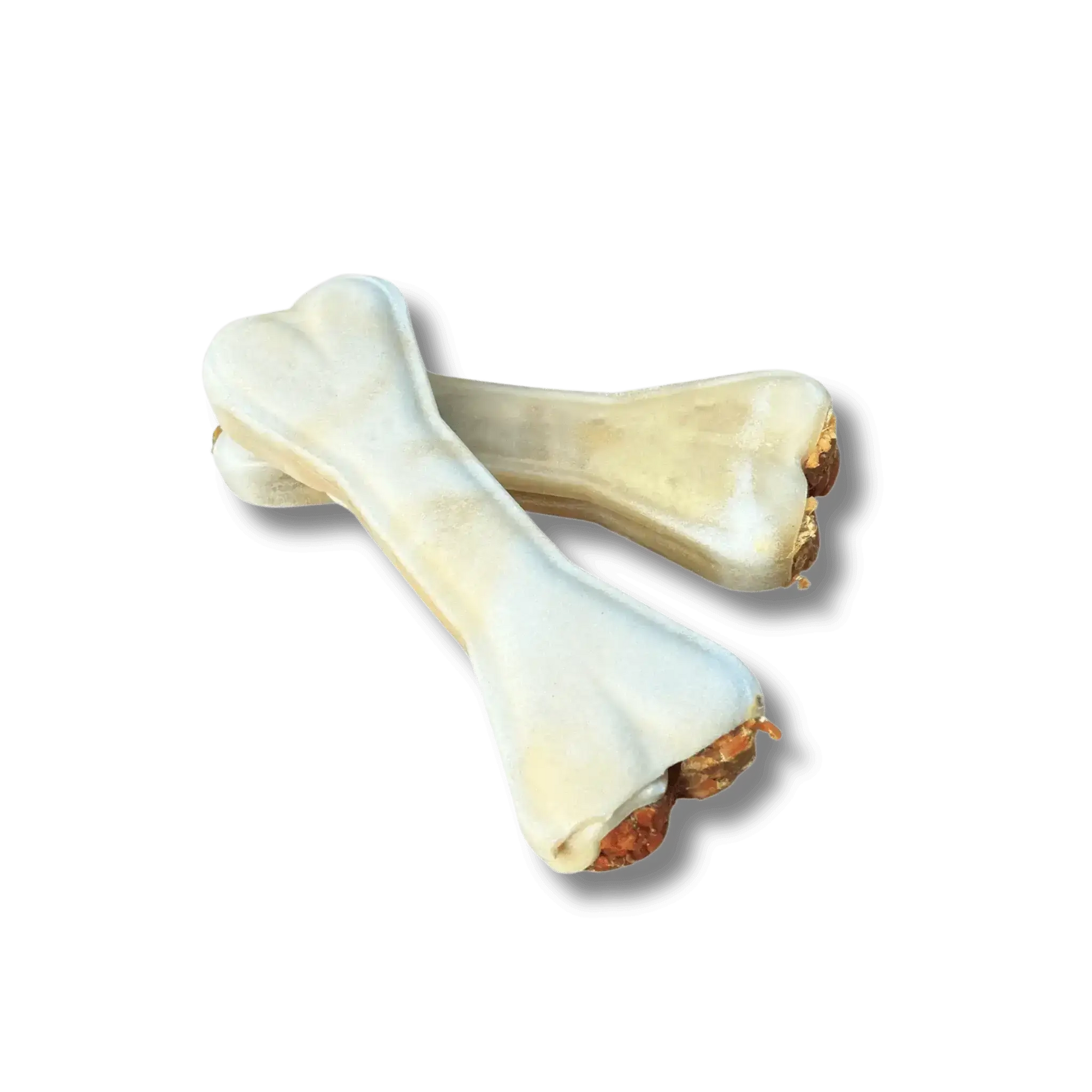 Zwei getrocknete Büffelhautknochen in Größe M mit sichtbarer Lachsfüllung als natürlicher Kausnack für Hunde