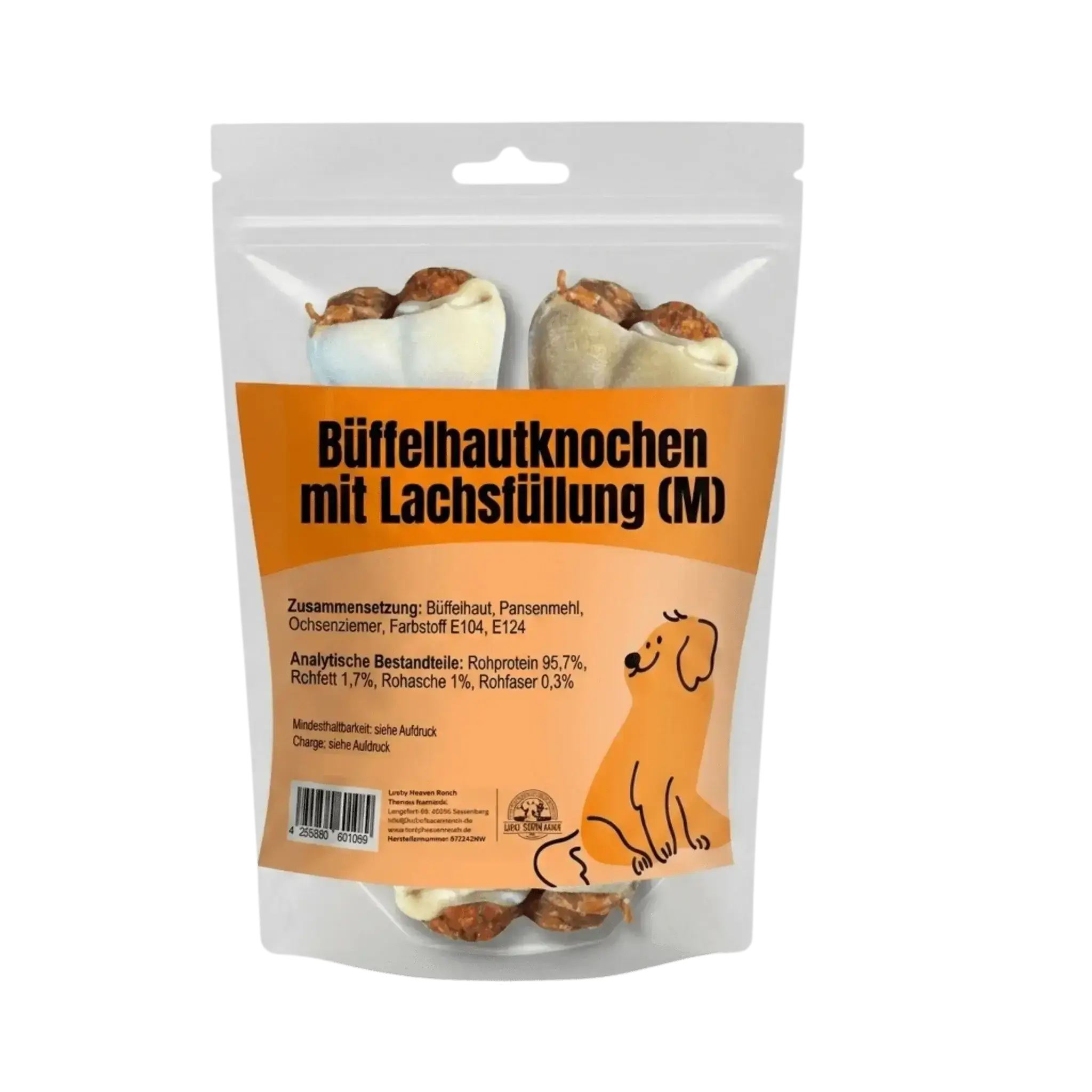 Produktverpackung der Lucky Heaven Ranch Büffelhautknochen mit Lachsfüllung in Größe M