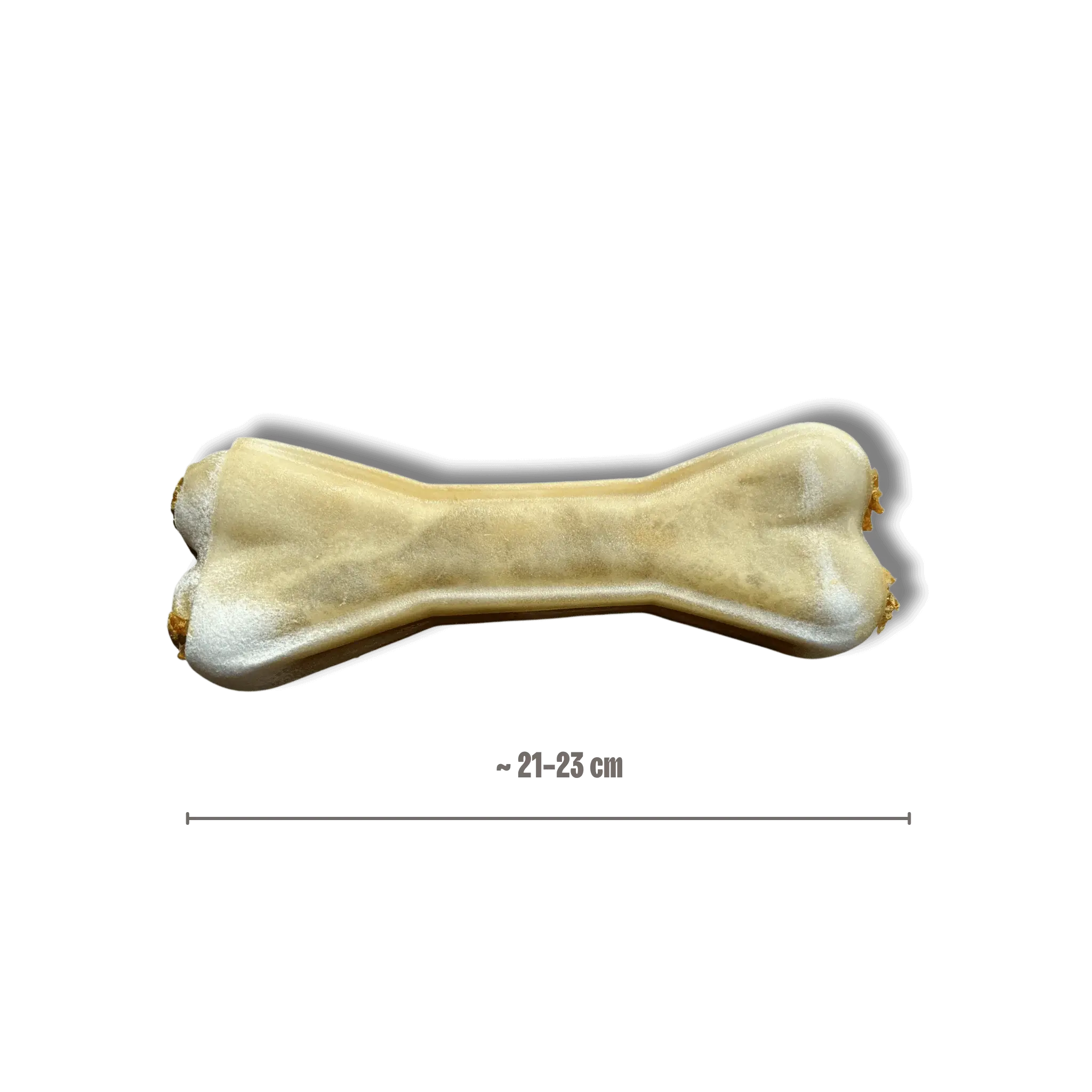 Längenvergleich eines extragroßen Büffelhautknochens mit Lachsfüllung in Größe XL von ca. 21 bis 23 cm