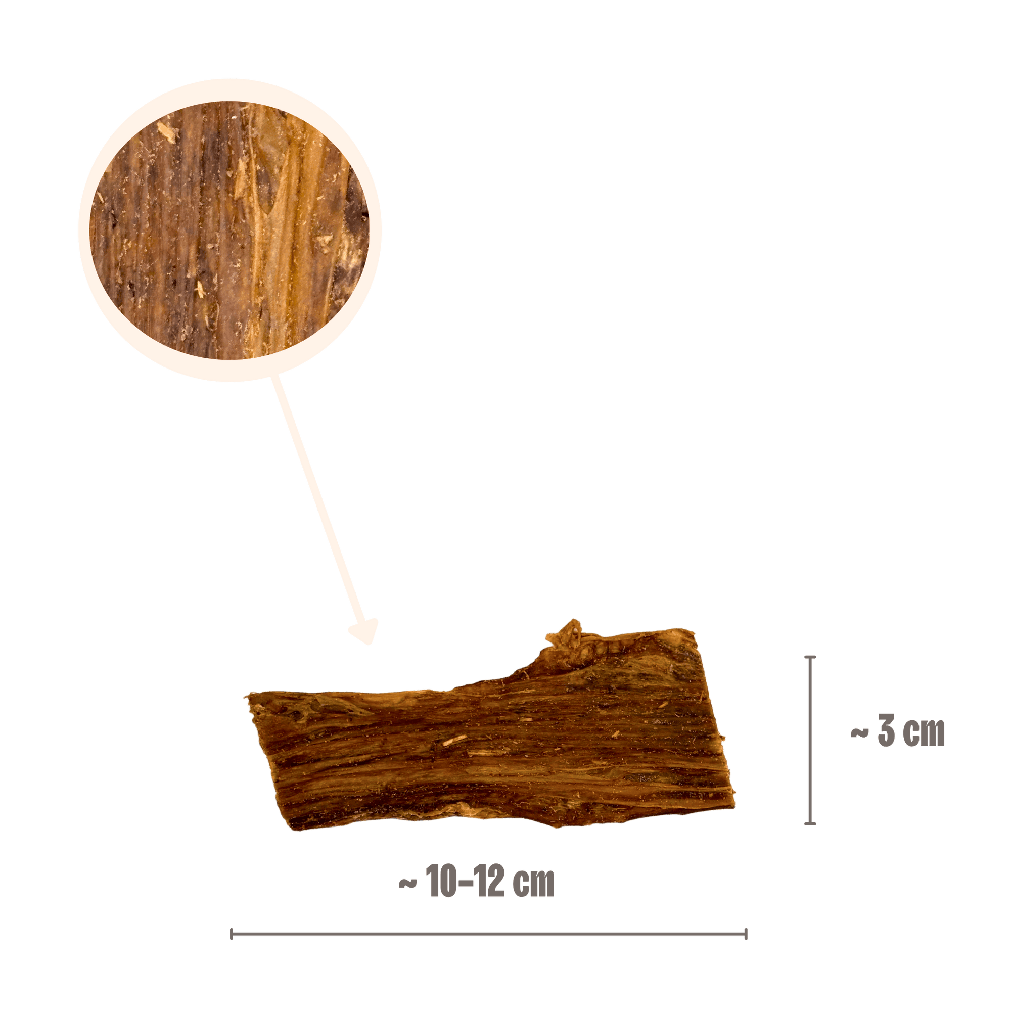 Größenangabe für Büffelschlund-Kauartikel von ca. 10 bis 12 cm Länge mit einer Lupenansicht der getrockneten Fleischfasern