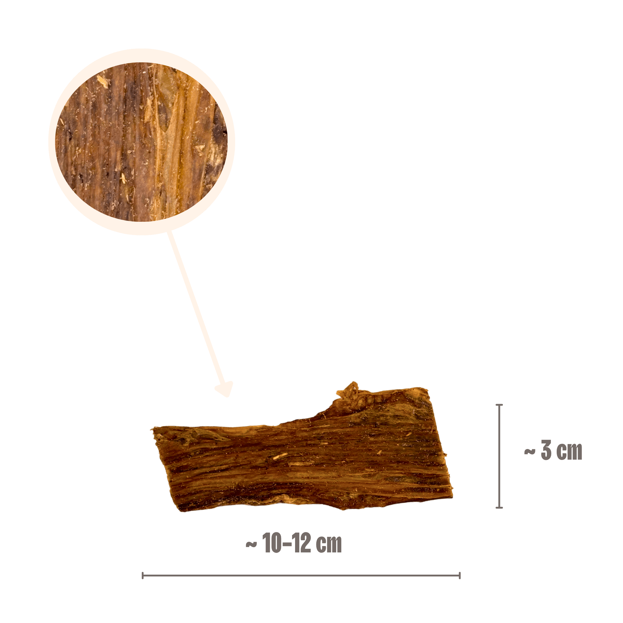 Größenangabe für Büffelschlund-Kauartikel von ca. 10 bis 12 cm Länge mit einer Lupenansicht der getrockneten Fleischfasern