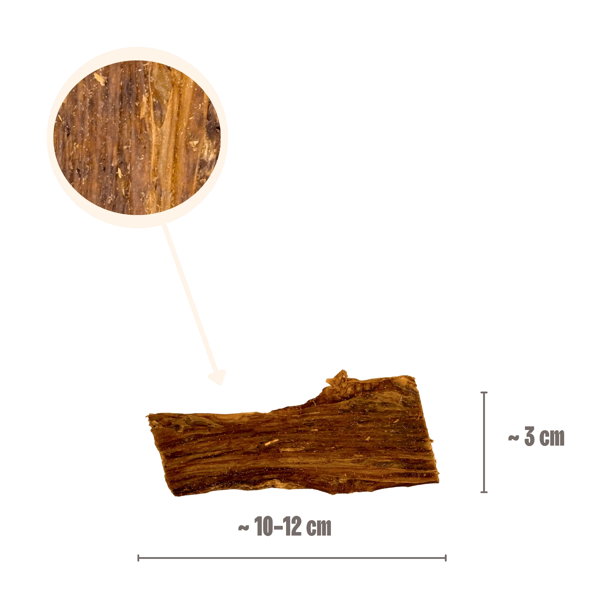 Größenangabe für Büffelschlund-Kauartikel von ca. 10 bis 12 cm Länge mit einer Lupenansicht der getrockneten Fleischfasern