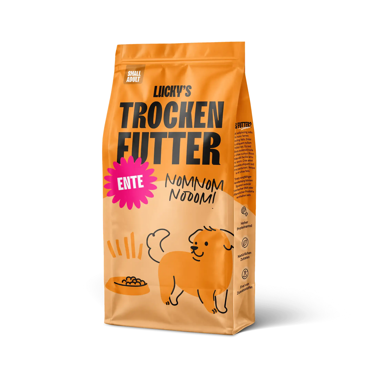 Ente mit Süßkartoffel und Orange - Trockenfutter für kleine Rassen in der Verpackung von Licky's.