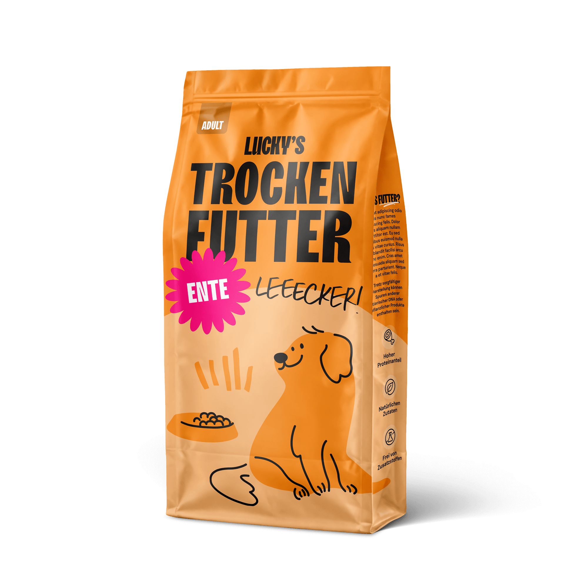 Ente mit Süßkartoffel und Orange – Trockenfutter für Hunde,  Hundefutter Verpackung mit Welpen auf dem Design.