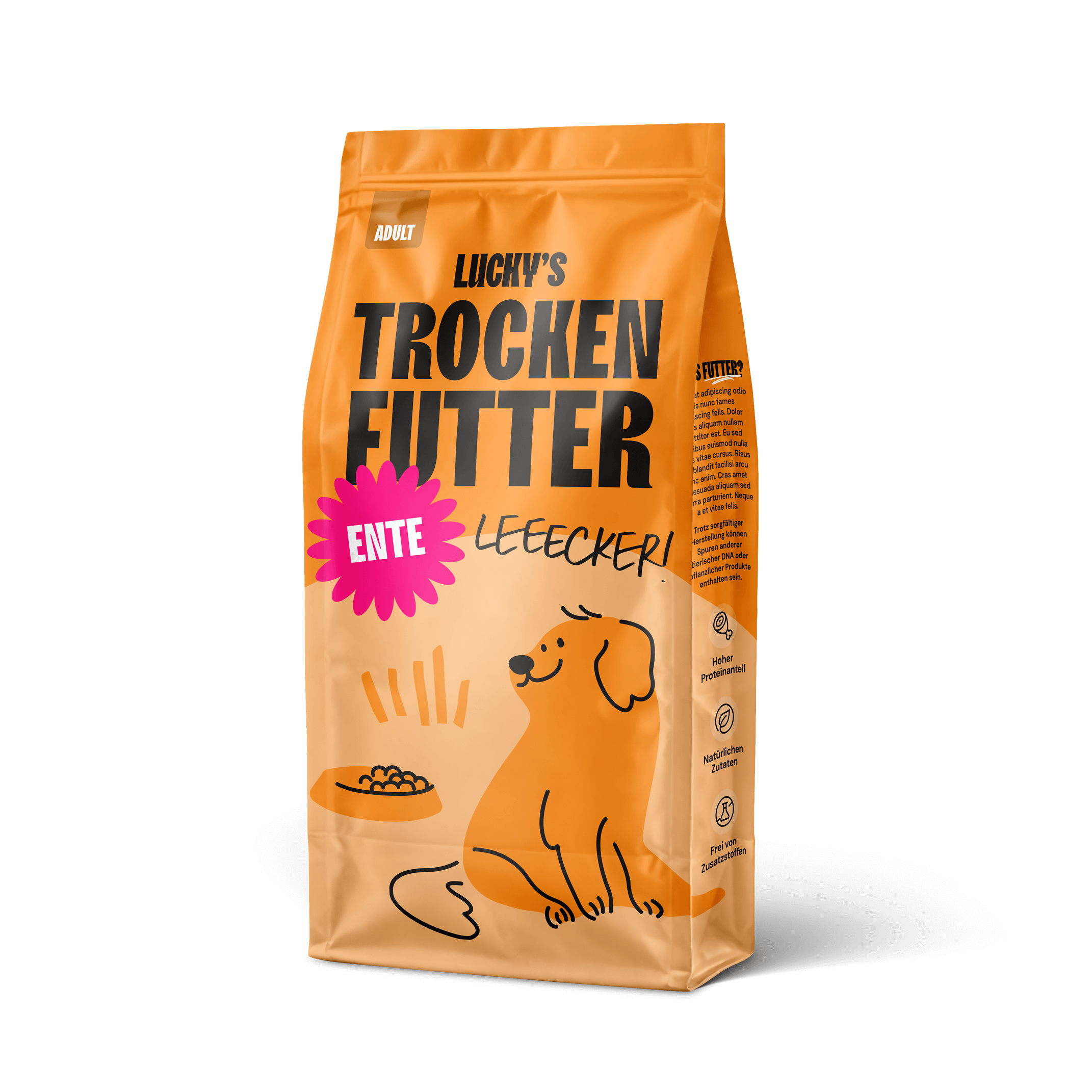 Ente mit Süßkartoffel und Orange – Trockenfutter für Hunde,  Hundefutter Verpackung mit Welpen auf dem Design.