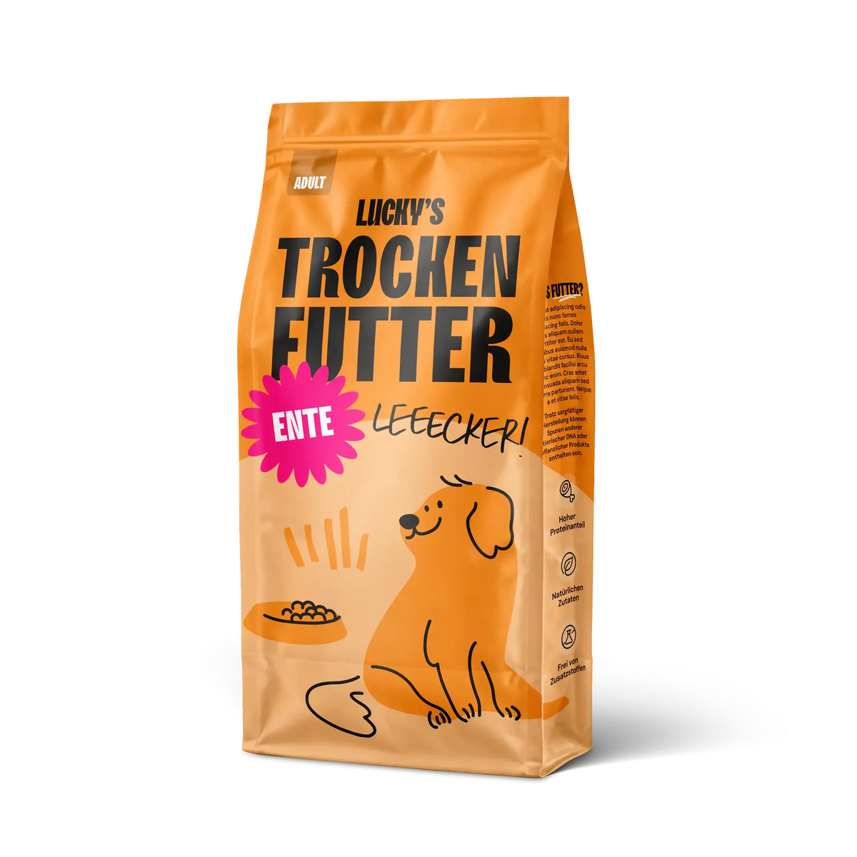 Ente mit Süßkartoffel und Orange – Trockenfutter für Hunde,  Hundefutter Verpackung mit Welpen auf dem Design.