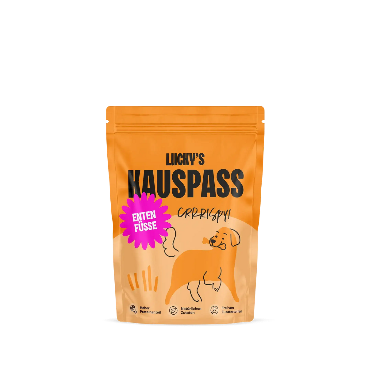 Entenfüße – Naturkauartikel für Hunde in einer bunten Verpackung mit Hund und Snacks.