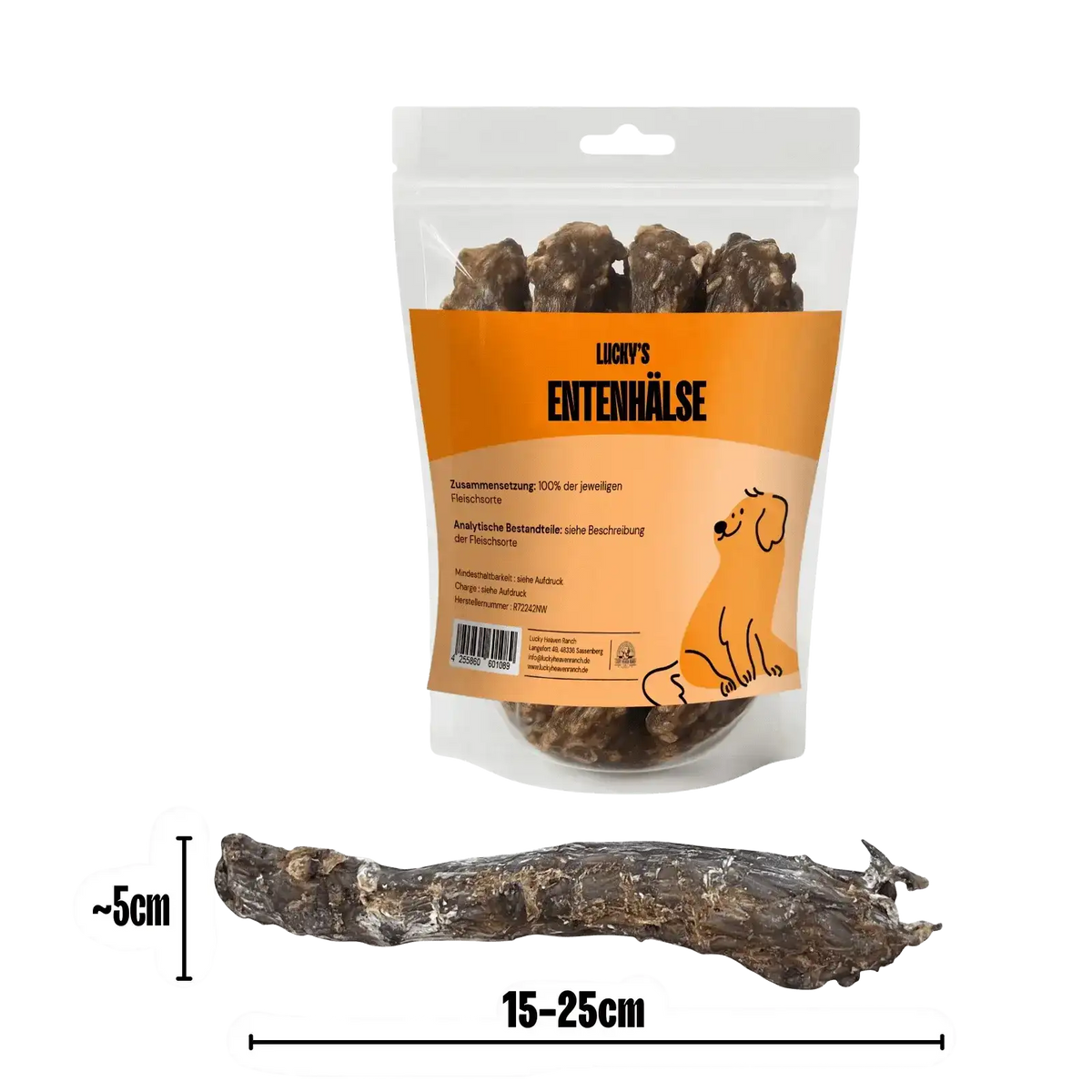 Doypack-Verpackung von Entenhälsen zusammen mit einem ca. 15 bis 25 cm langen Entenhals im Grössenvergleich