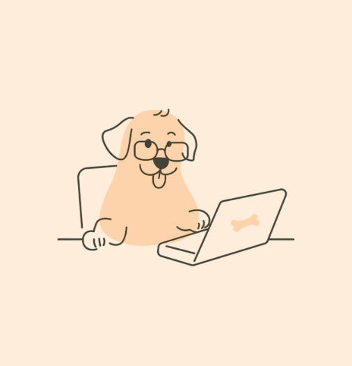 FAQ Illustration: gezeichneter Hund mit Brille sitzt am PC
