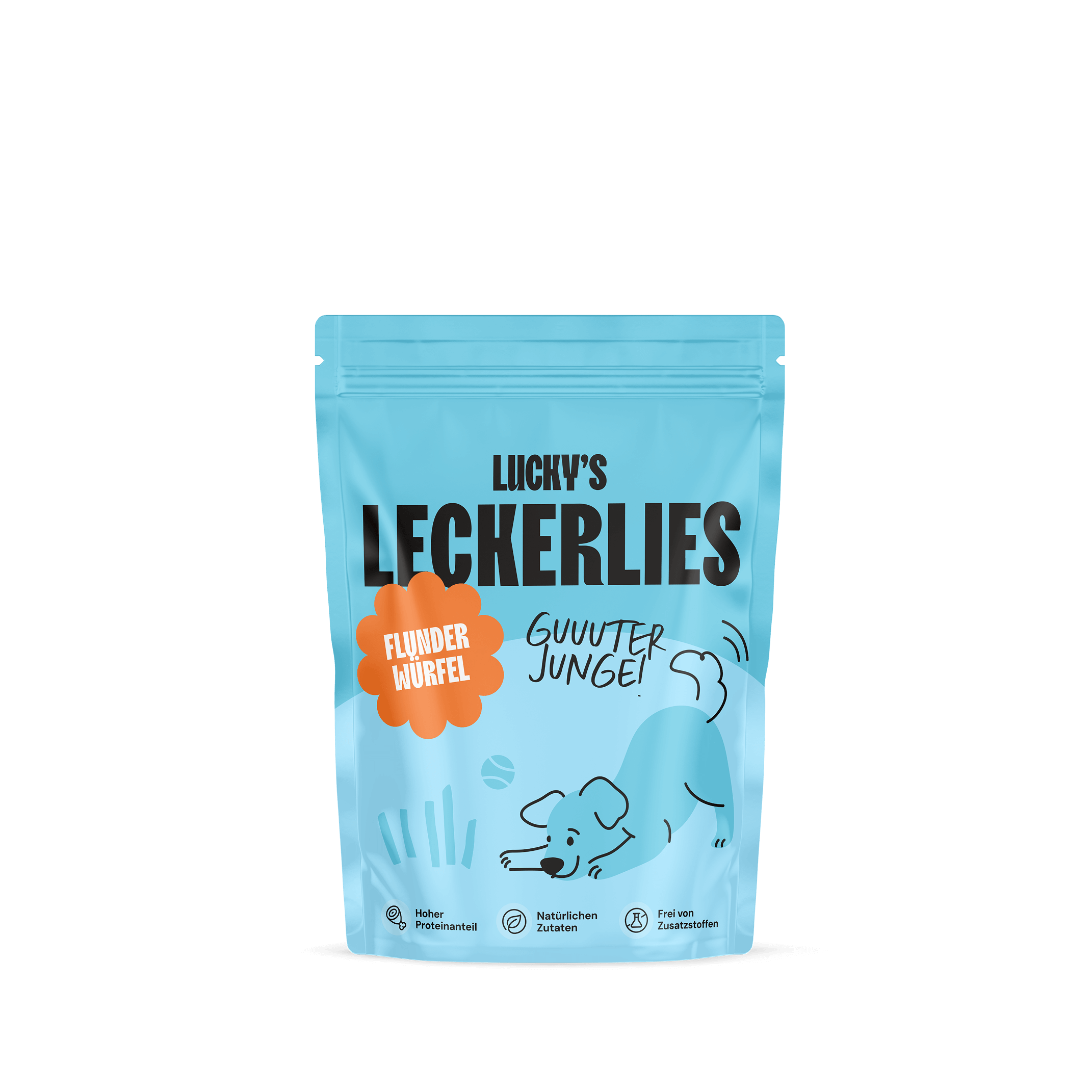 Flunderwürfel – Naturleckerli für Hunde in einer blauen Verpackung mit Hundebild und bunten Illustrationen.