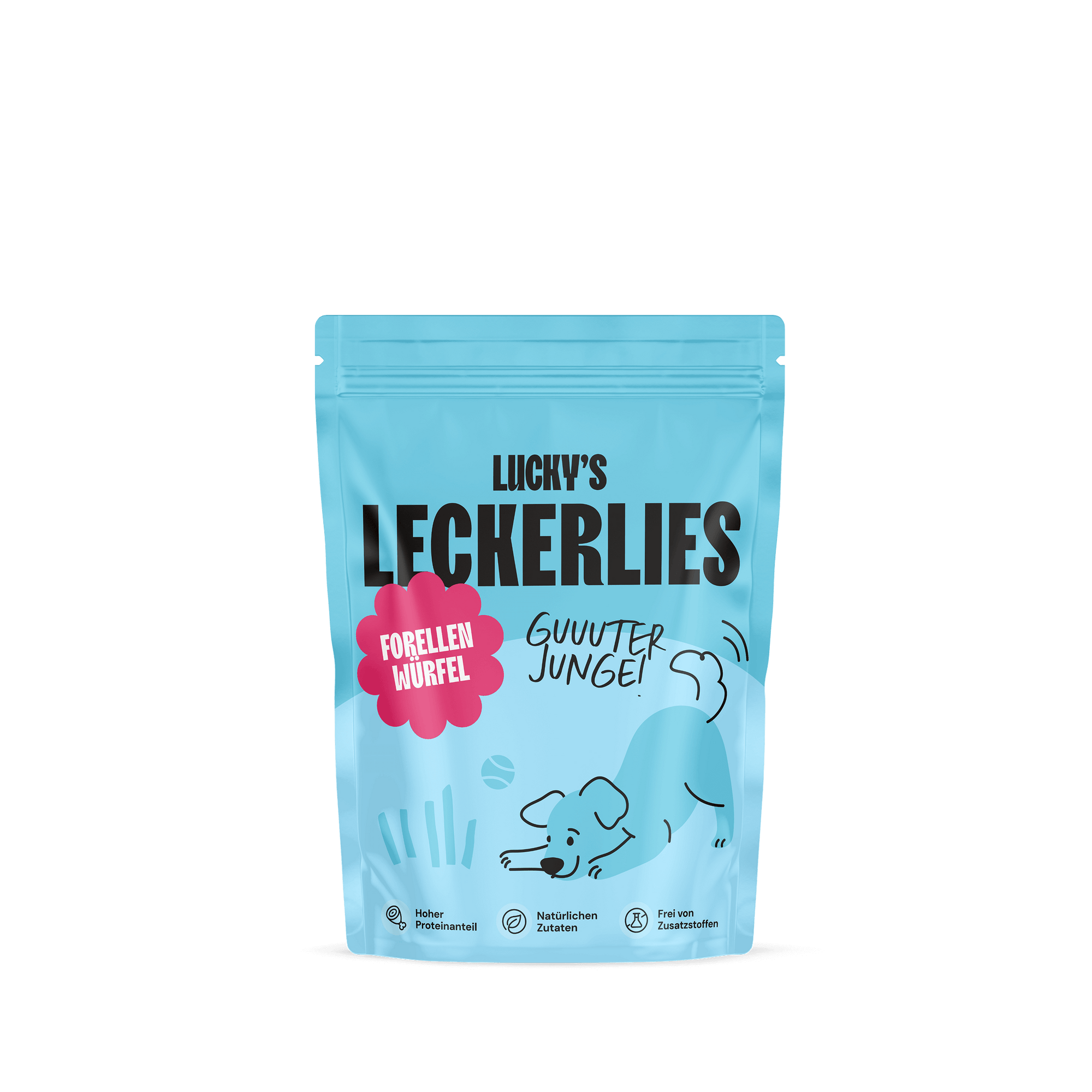 Forellenwürfel – Naturleckerli für Hunde in einer farbenfrohen Verpackung.