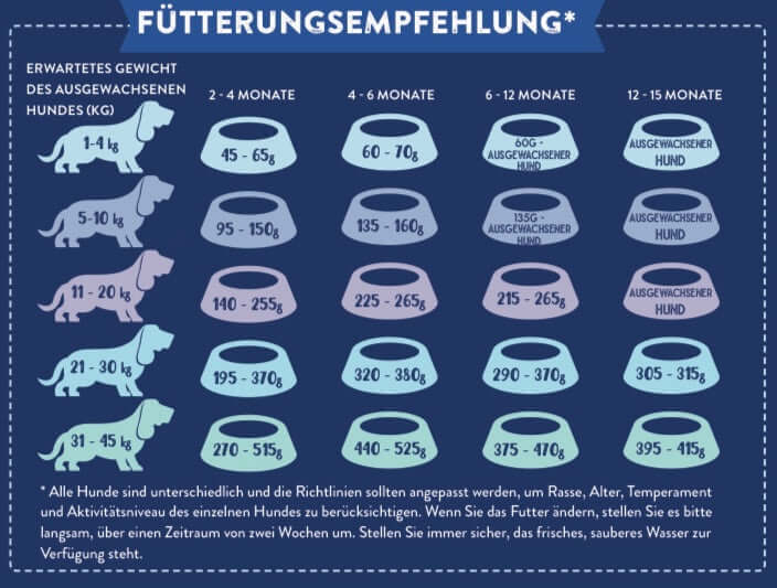 Fütterungsempfehlung für Hundewelpen bis 15 Monate, Gewicht und Futteranpassung, gesunde Ernährung. Angus Rind