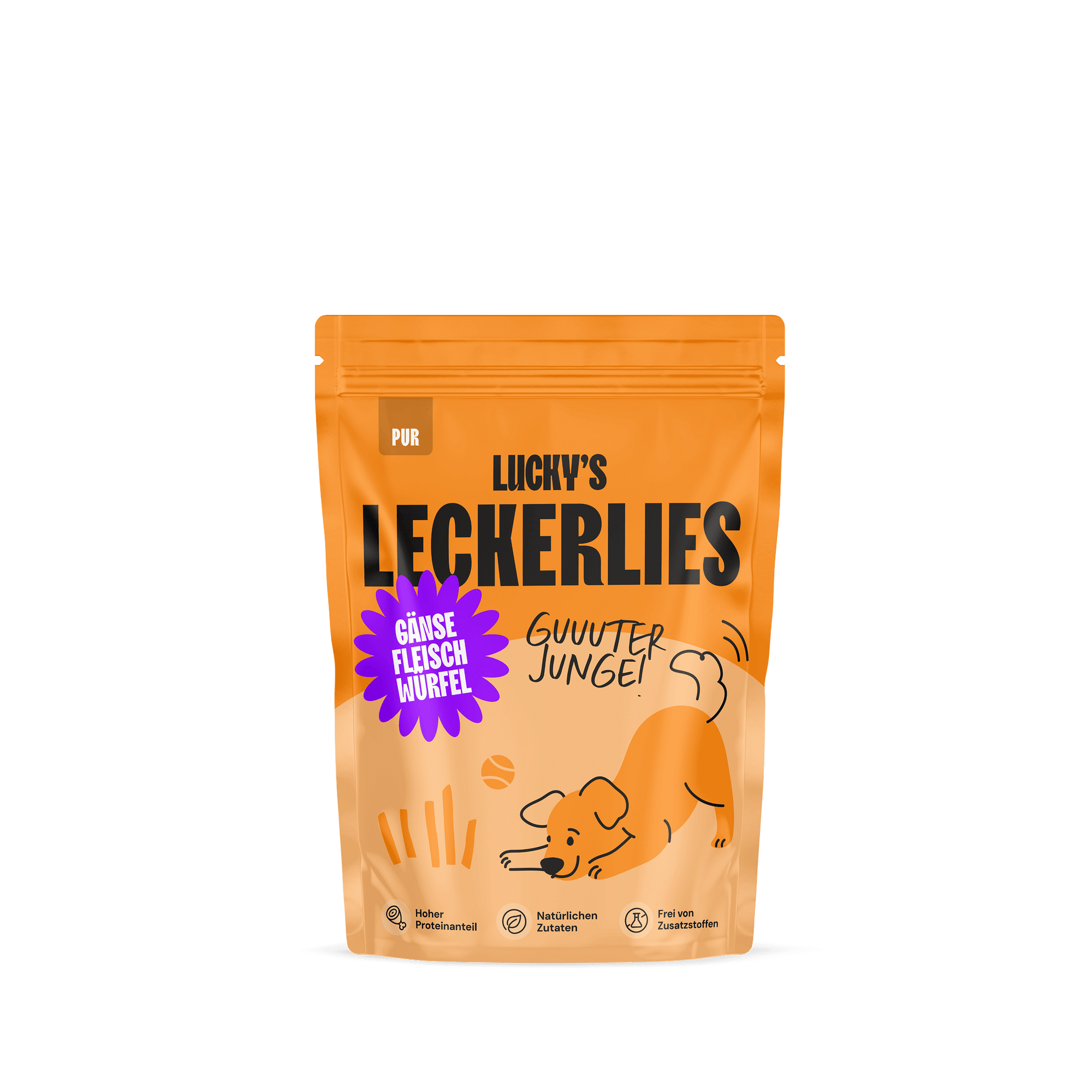 Gänsefleischwürfel pur – Leckerli für Hunde in einer ansprechenden Verpackung mit einem Hund, der darauf abgebildet ist.