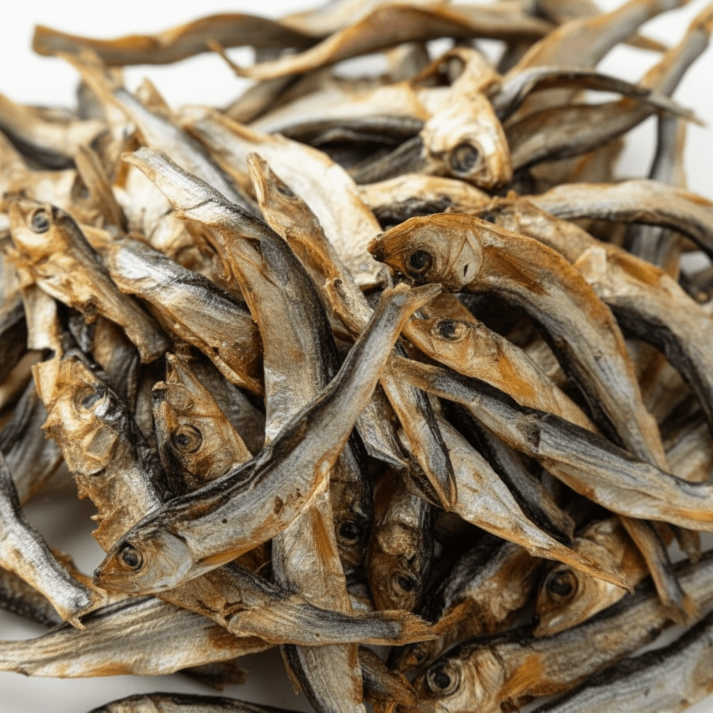 Detaillierte Nahaufnahme unserer getrockneten Fisch-Snacks (Sprotten) für eine gesunde Hundeernährung.