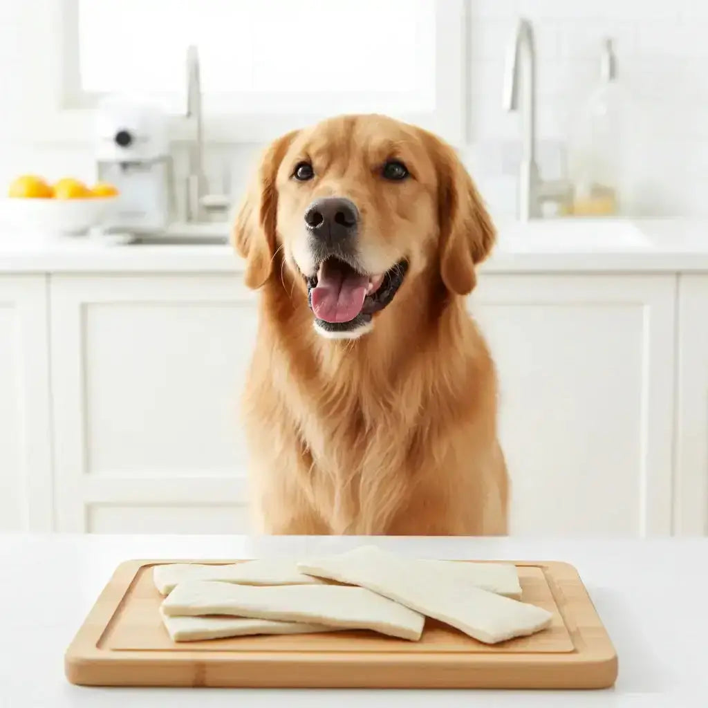 Glücklicher Golden Retriever wartet in der Küche auf natürliche Rinderkopfhaut-Kaustangen, die auf einem Holzbrett liegen