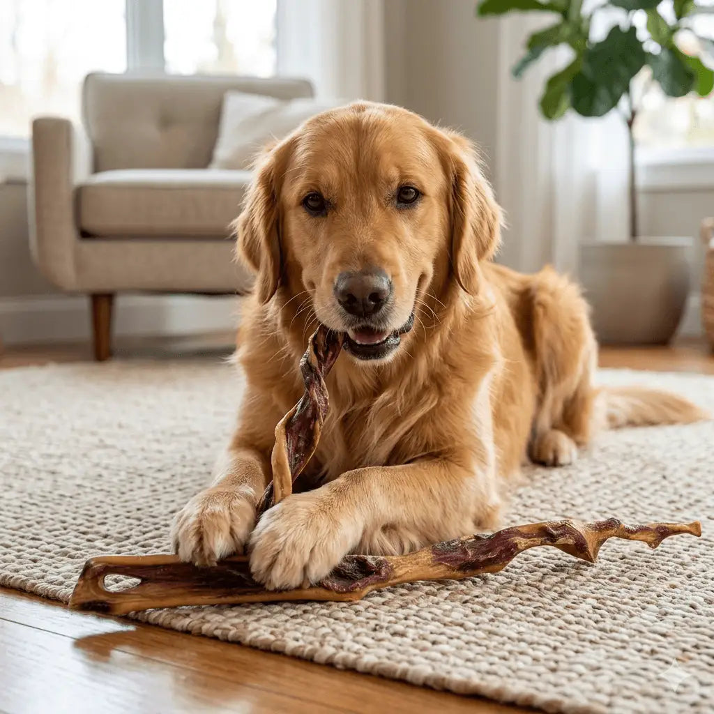 Ein Golden Retriever kaut auf einer XXL Rinderkopfhautstange und genießt seinen Snack in einem gemütlichen Zuhause.