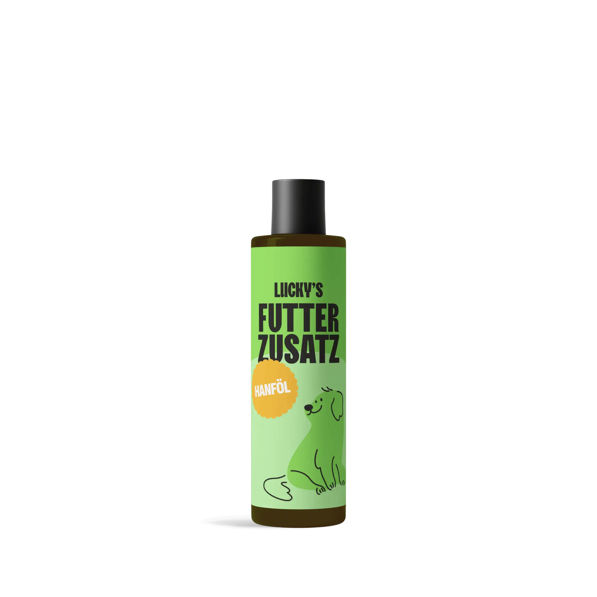 Hanföl – Nahrungsergänzungsmittel für Hunde in einer grünen Flasche von Licky's Futterzusatz.