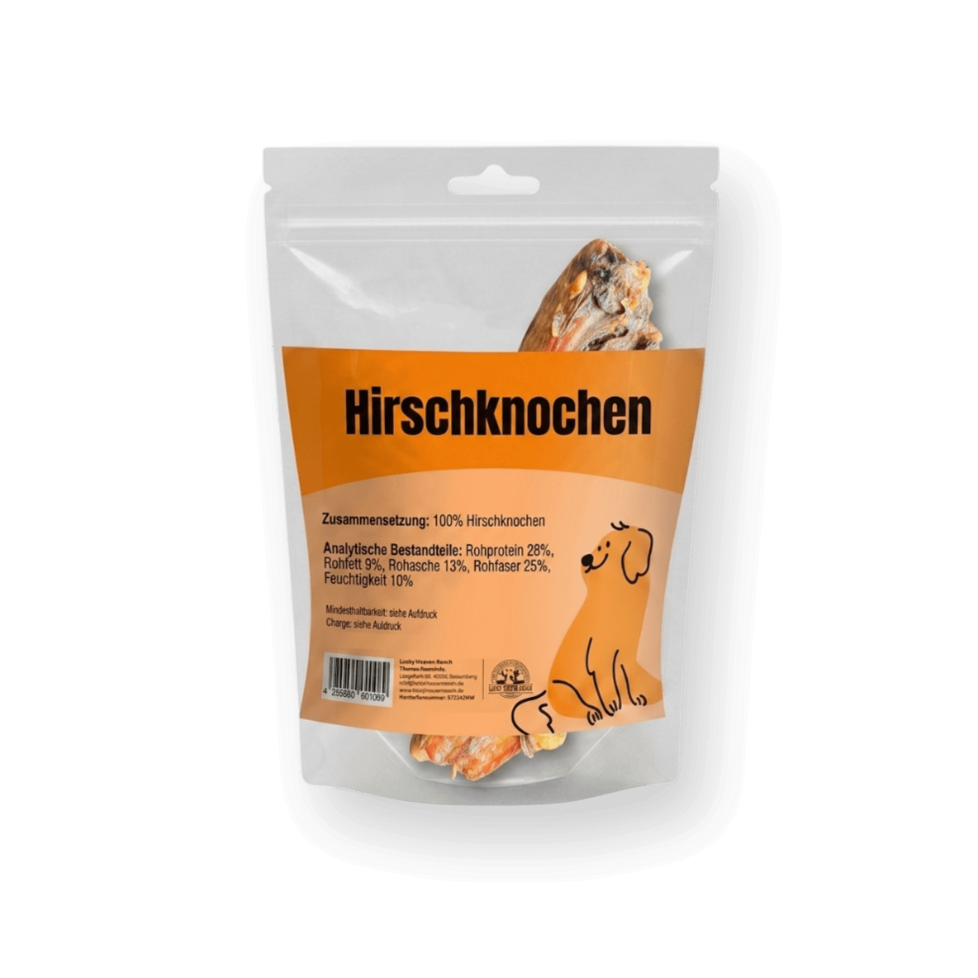 Produktbild eines Hirschknochens Naturkauartikels in einem transparenten Standbeutel. Der Beutel hat ein orange-beiges Etikett mit dem großen Titel 'Hirschknochen'. Darunter sind Zusammensetzung (100% Hirschknochen) und analytische Bestandteile (Rohprotein 28%, Rohfett 9%, Rohasche 13%, Rohfaser 25%, Feuchtigkeit 10%) auf Deutsch aufgeführt. Unten links ein Barcode, unten rechts ein Welpen-Logo