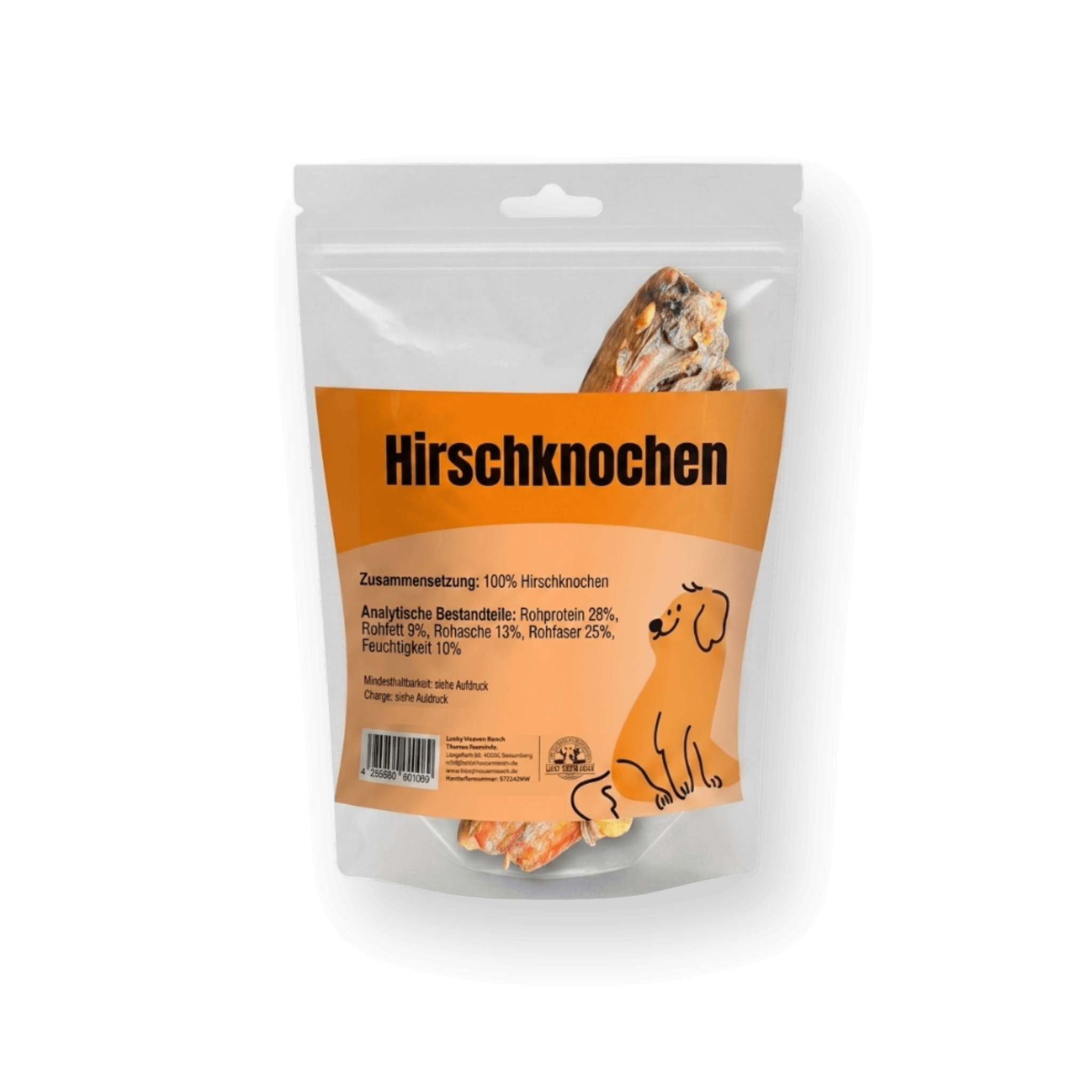 Produktbild eines Hirschknochens Naturkauartikels in einem transparenten Standbeutel. Der Beutel hat ein orange-beiges Etikett mit dem großen Titel 'Hirschknochen'. Darunter sind Zusammensetzung (100% Hirschknochen) und analytische Bestandteile (Rohprotein 28%, Rohfett 9%, Rohasche 13%, Rohfaser 25%, Feuchtigkeit 10%) auf Deutsch aufgeführt. Unten links ein Barcode, unten rechts ein Welpen-Logo