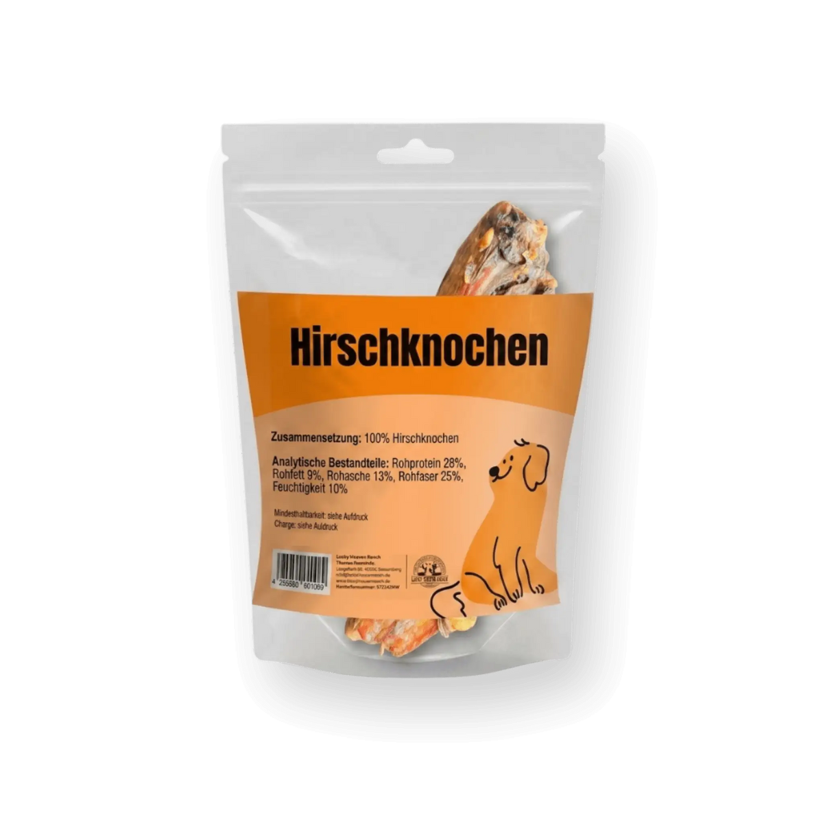 Produktbild eines Hirschknochens Naturkauartikels in einem transparenten Standbeutel. Der Beutel hat ein orange-beiges Etikett mit dem großen Titel 'Hirschknochen'. Darunter sind Zusammensetzung (100% Hirschknochen) und analytische Bestandteile (Rohprotein 28%, Rohfett 9%, Rohasche 13%, Rohfaser 25%, Feuchtigkeit 10%) auf Deutsch aufgeführt. Unten links ein Barcode, unten rechts ein Welpen-Logo