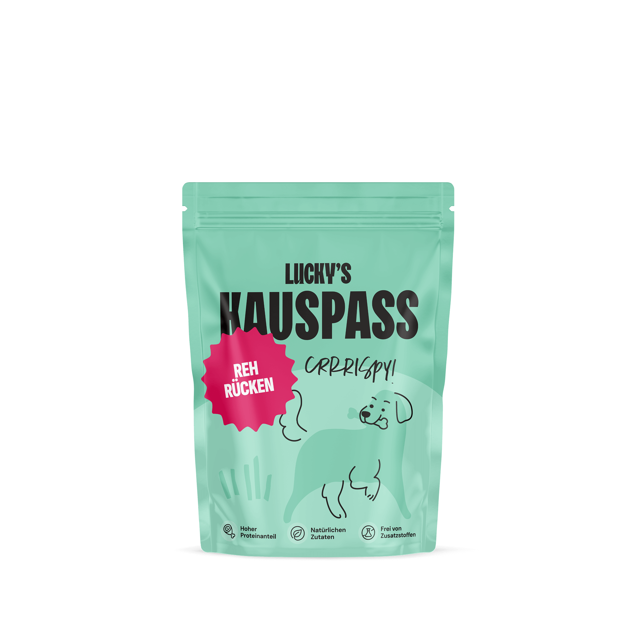 Verpackung von Lucky's mit Rehrücken, einer natürlichen Tiernahrung für Hunde.