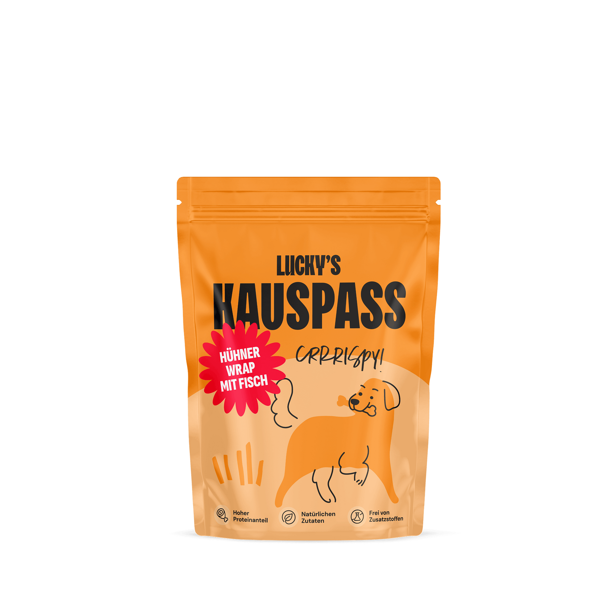 Hühnchen Wrap mit Fisch in wiederverschließbarer Verpackung für Hunde-Snacks.