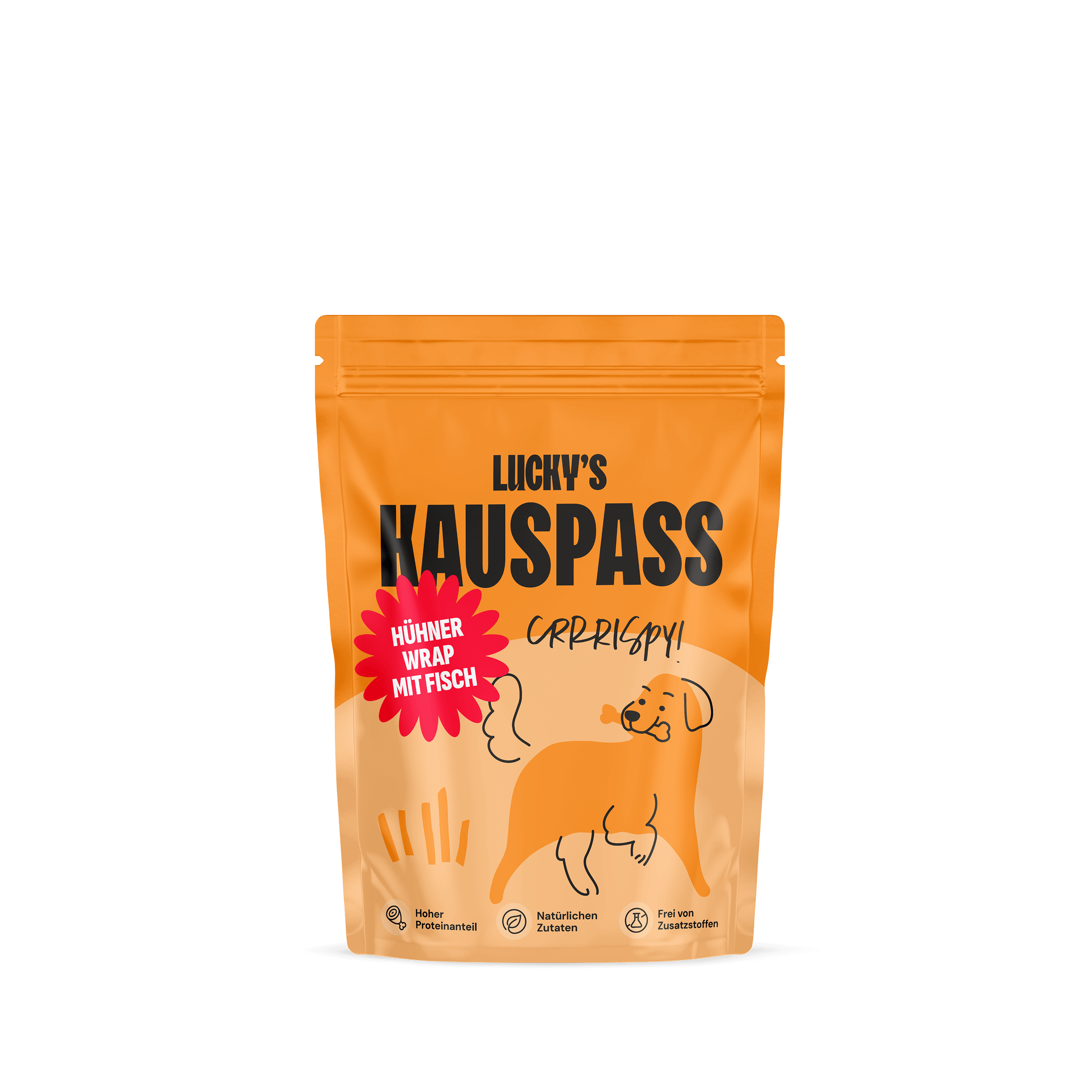 Hühnchen Wrap mit Fisch in wiederverschließbarer Verpackung für Hunde-Snacks.