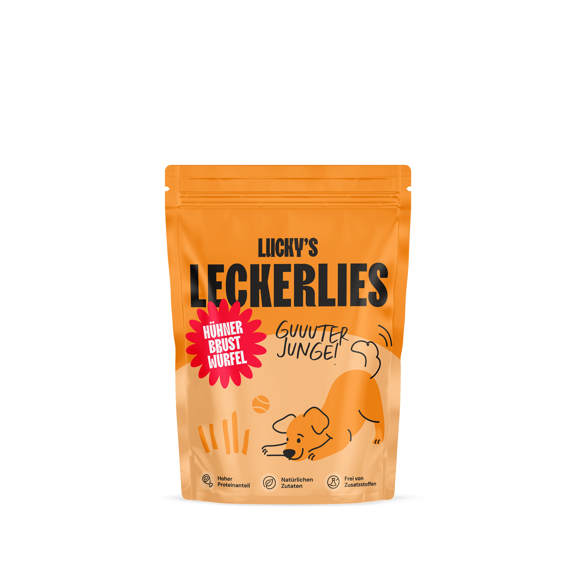 Hühnerbrustwürfel – Leckerli für Hunde von Licky's in einer orangefarbenen Verpackung.