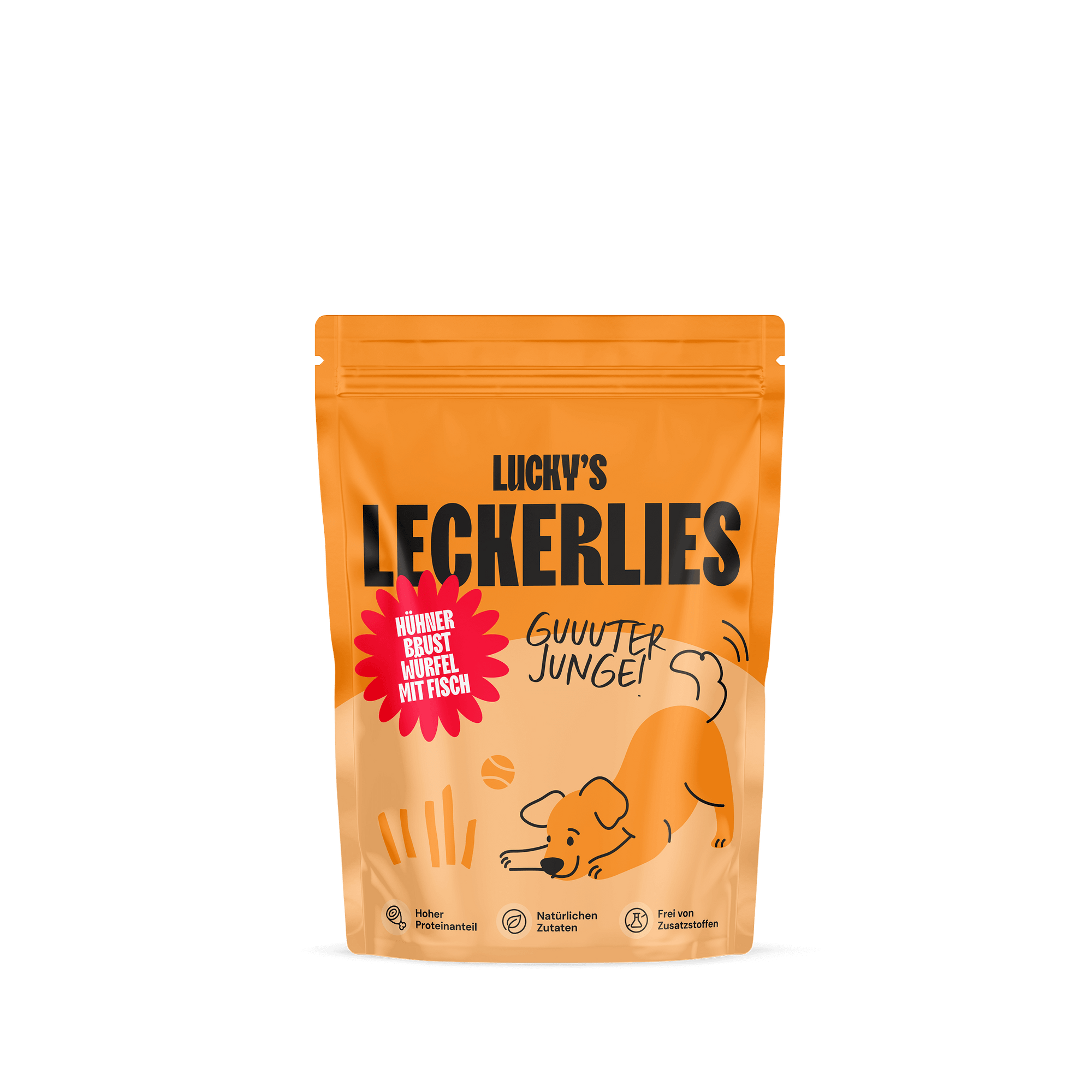 Hühnerbrustwürfel mit Fisch – Leckerli für Hunde, hochwertige Snacks für Hunde in einer ansprechenden Verpackung.