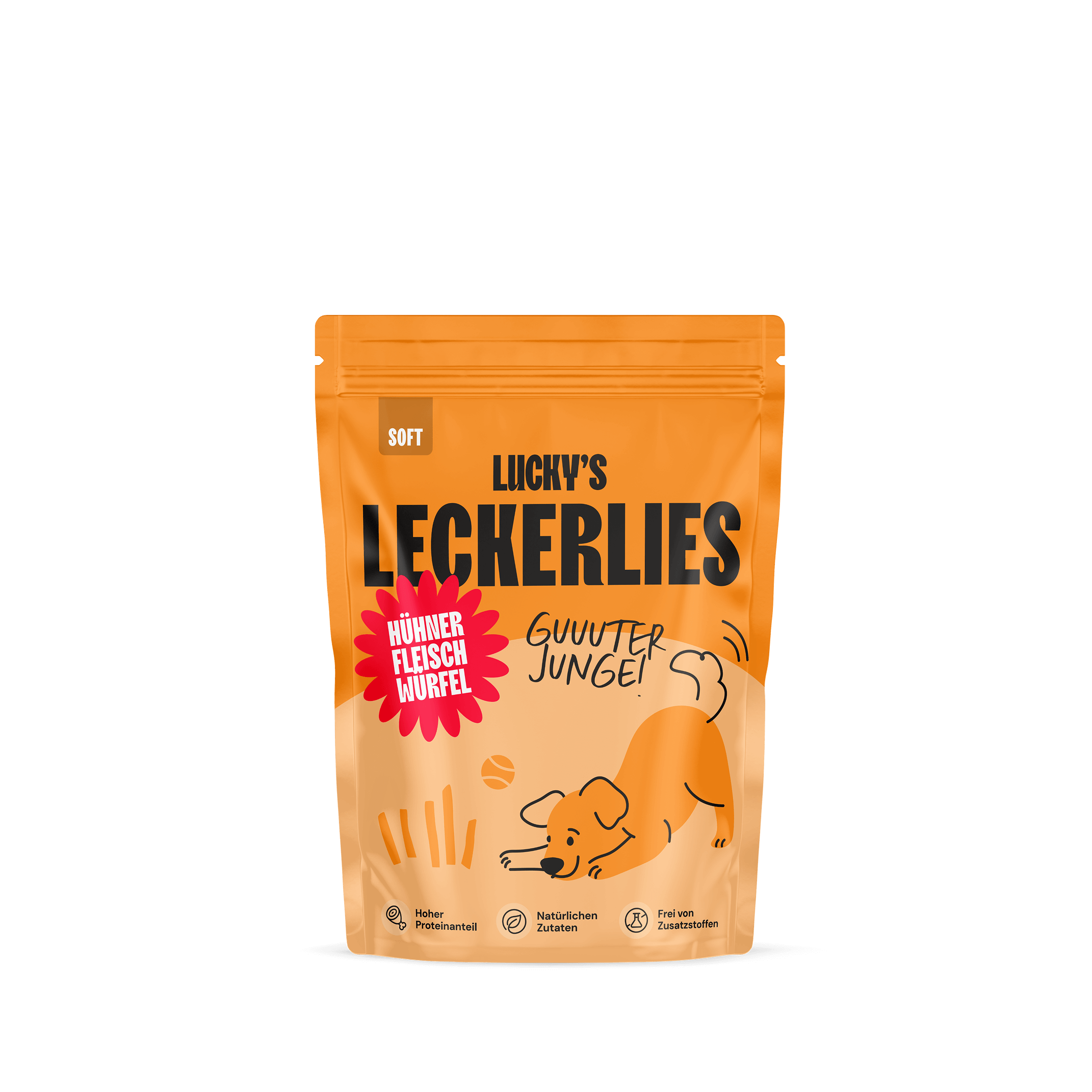 Hühnerfleischwürfel Soft – Leckerli für Hunde in einer ansprechenden Verpackung.