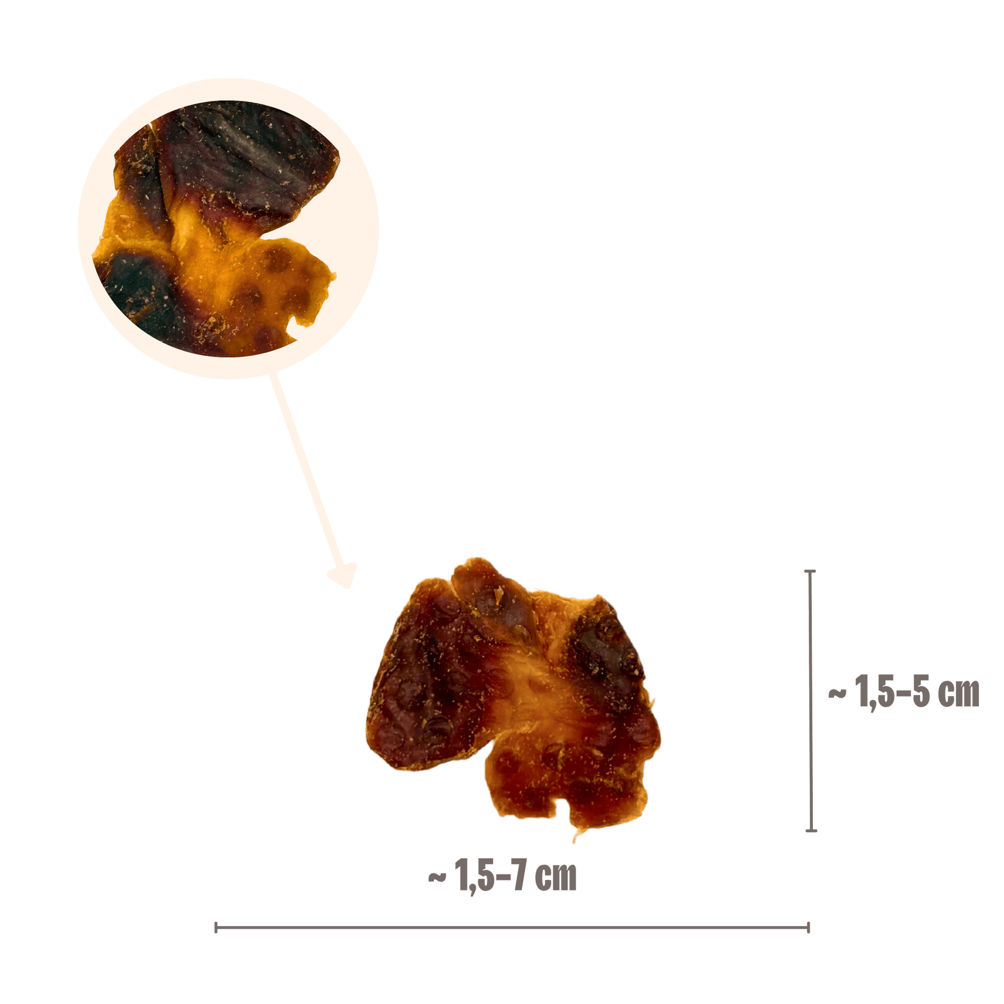 Größenangabe für Hühnermägen-Hundeleckerlis von ca. 1,5 bis 7 cm mit Lupenansicht der Fleischstruktur