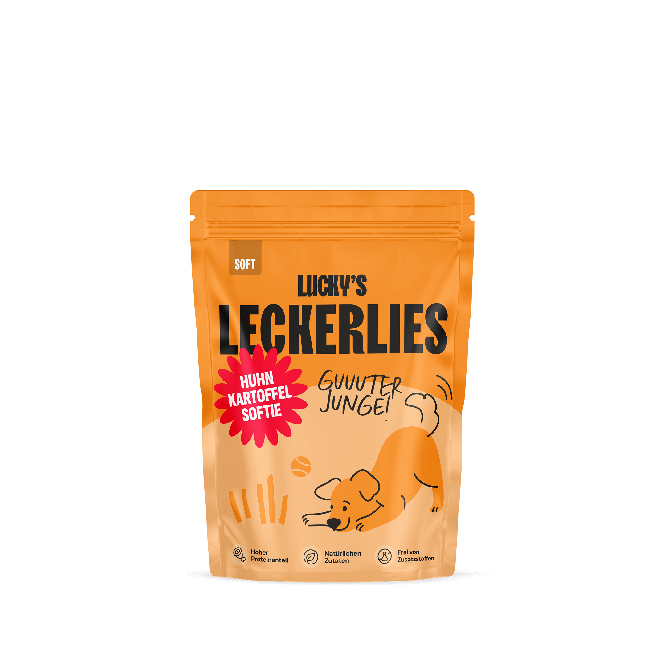 Huhn-Kartoffelsoftie – Leckerli für Hunde in einer orangefarbenen Verpackung mit Hundillustration.