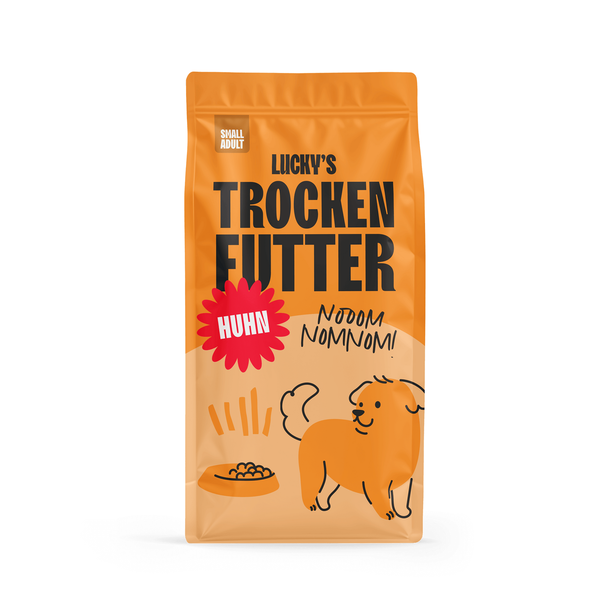 Huhn mit Süßkartoffel und Kräuter für kleine Rasse Hundefutter in einer kleinen, bunten Verpackung