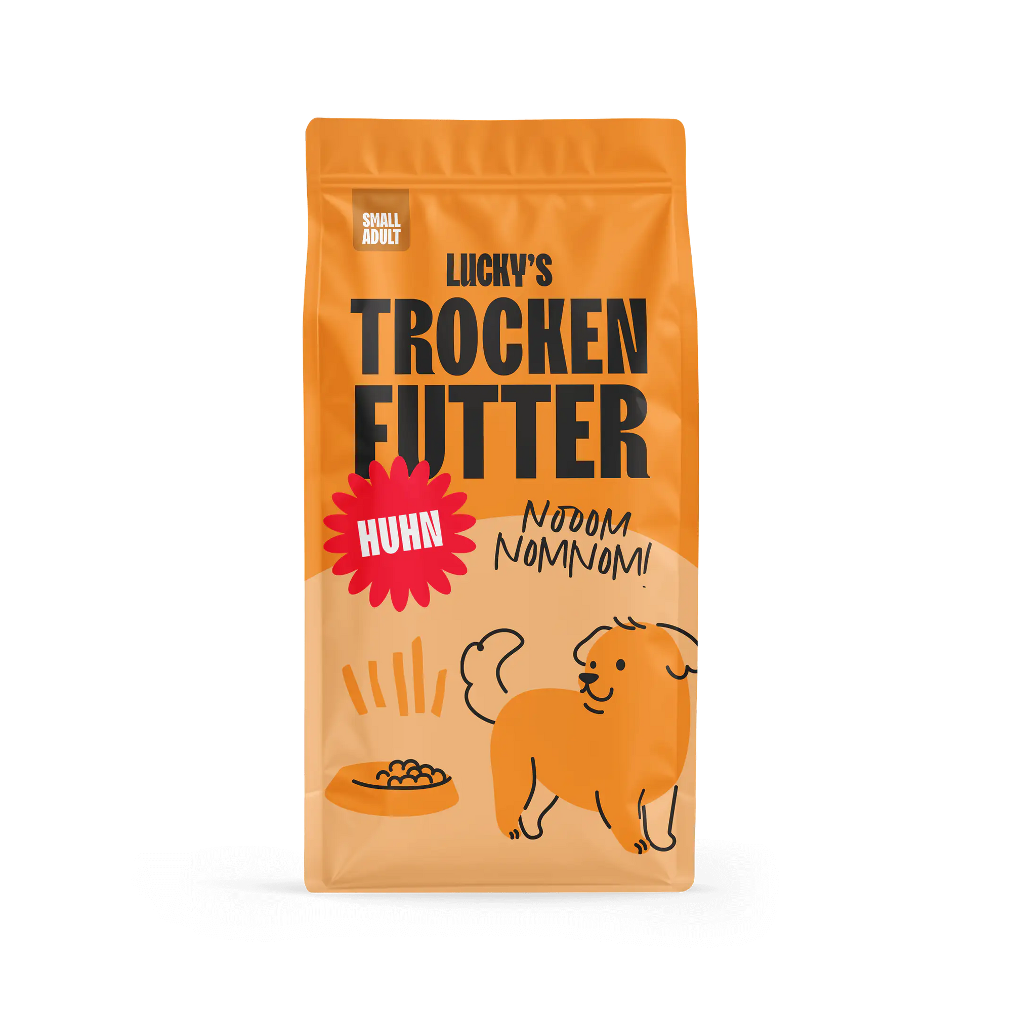 Huhn mit Süßkartoffel und Kräuter für kleine Rasse Hundefutter in einer kleinen, bunten Verpackung
