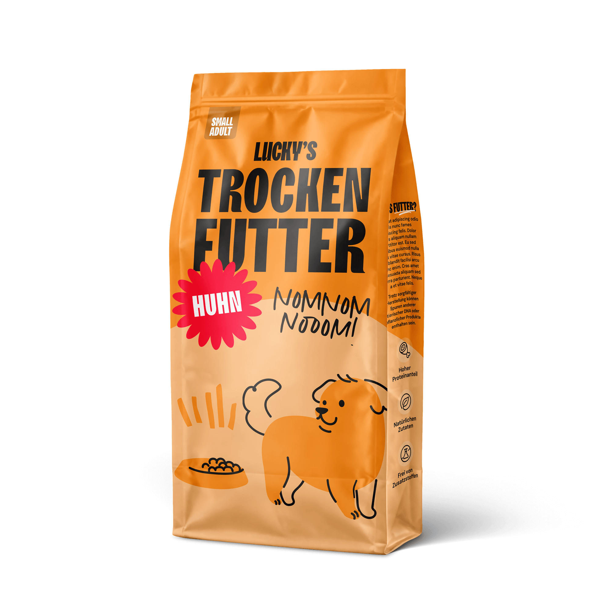 Huhn mit Süßkartoffel und Kräuter für kleine Rasse, getreidefreies Hundefutter in einer orangefarbenen Verpackung.