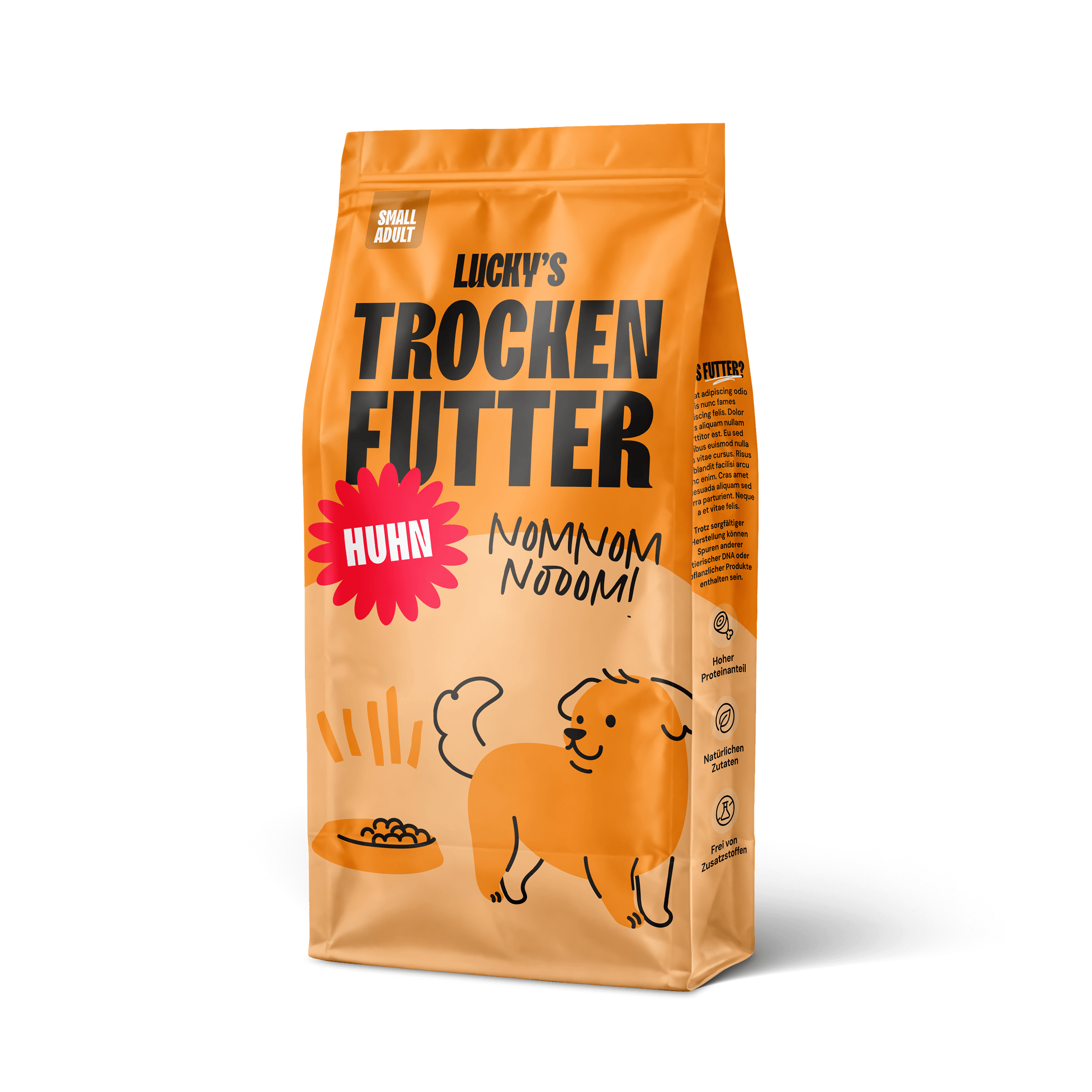 Huhn mit Süßkartoffel und Kräuter für kleine Rasse, getreidefreies Hundefutter in einer orangefarbenen Verpackung.